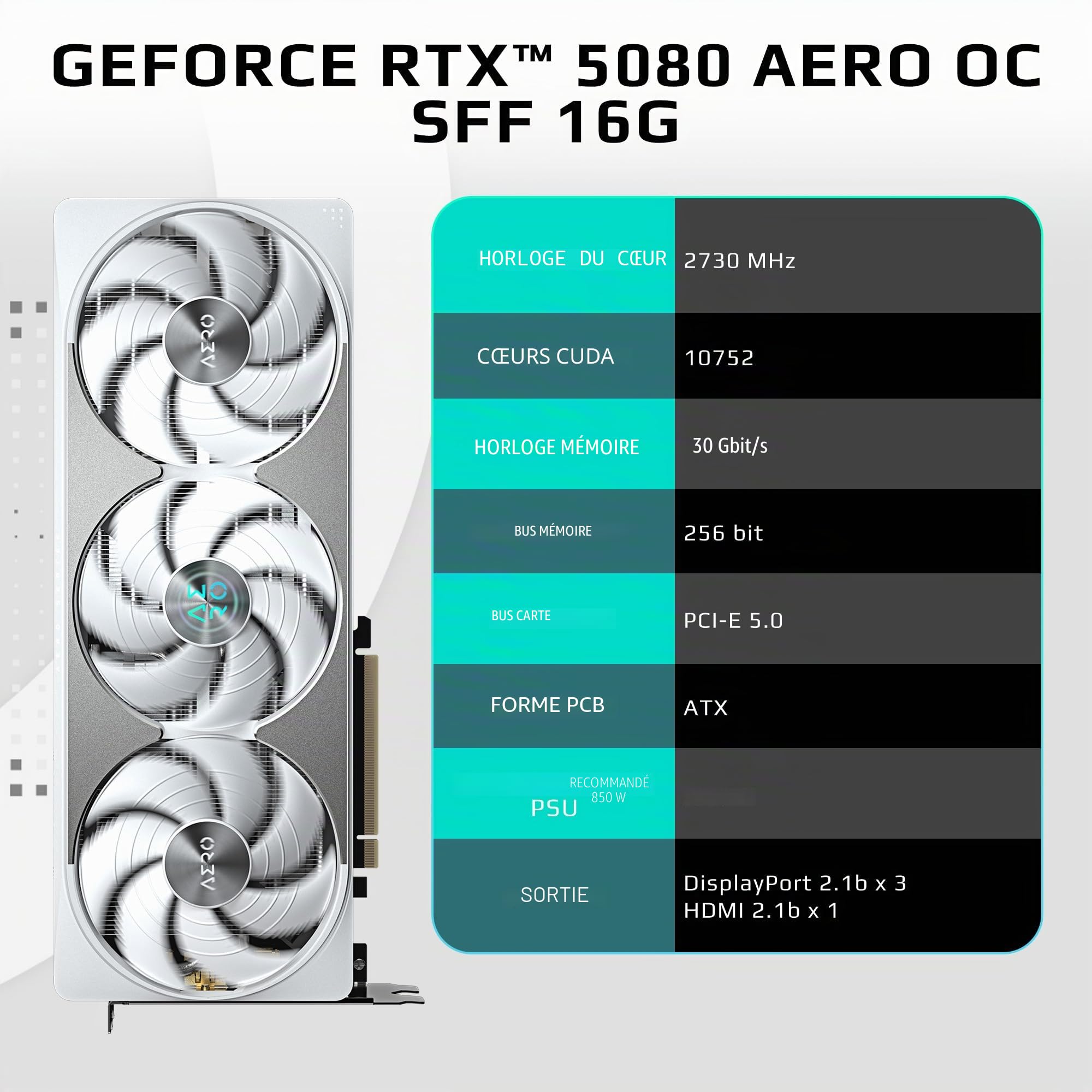 GIGABYTE GeForce RTX 5080 Aero OC SFF 16G Carte Graphique WINDFORCE Système de Refroidissement 16 Go 256 Bits GDDR7, GV-N5080AERO OC-16GD, Compatible avec Ordinateur de Bureau