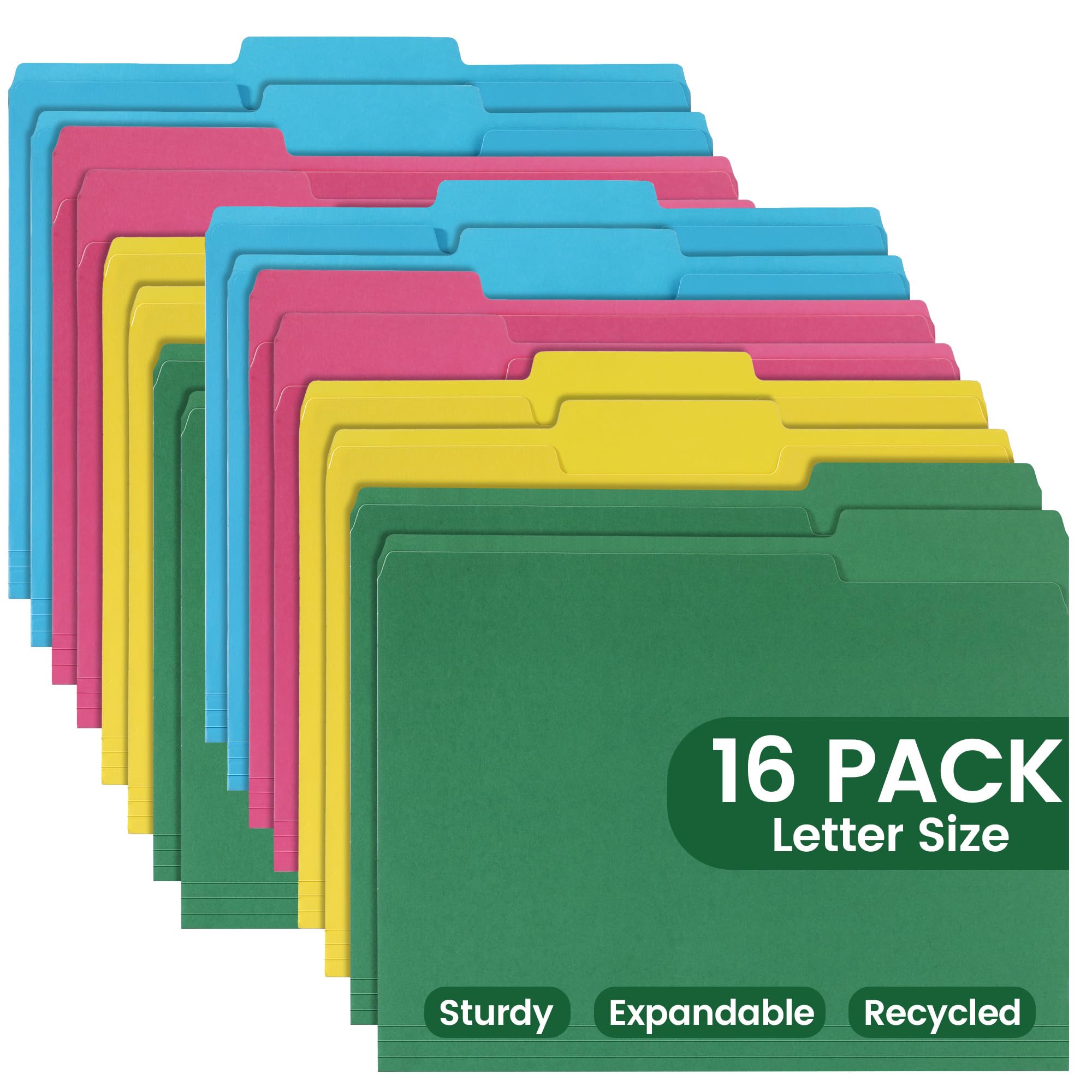 Carpetas de archivos de colores, 16 paquetes, tamaño carta, pestaña de corte 1/3. Carpetas cromáticas de manila de 8.5 x 11 pulgadas para documentos, carpetas de archivos con líneas plegables para un