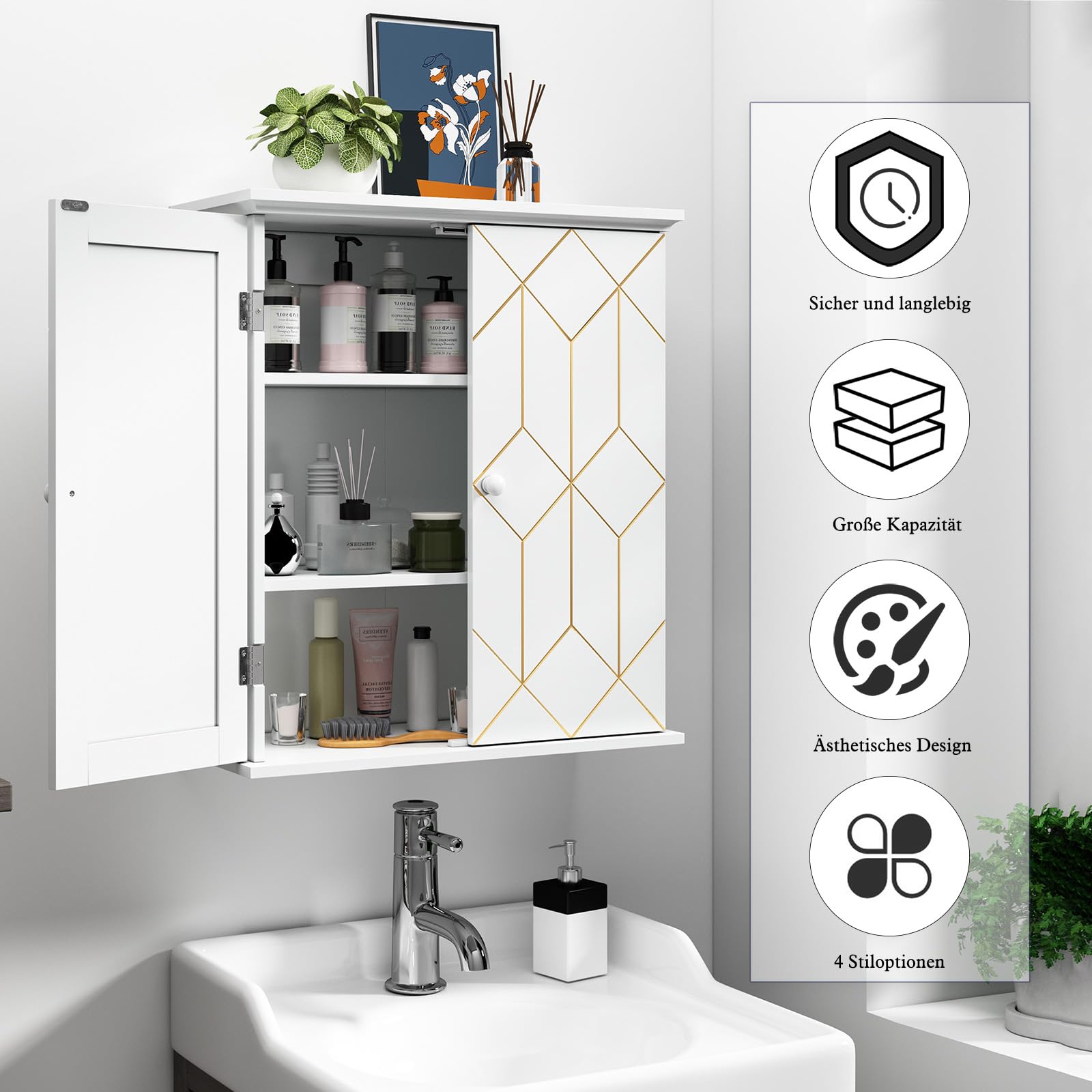 HOLTICO Armoire à pharmacie suspendue - Armoire murale de salle de bain - Armoire murale avec étagère réglable - Blanc - Armoire autonome pour cuisine, salle de bain, chambre à coucher