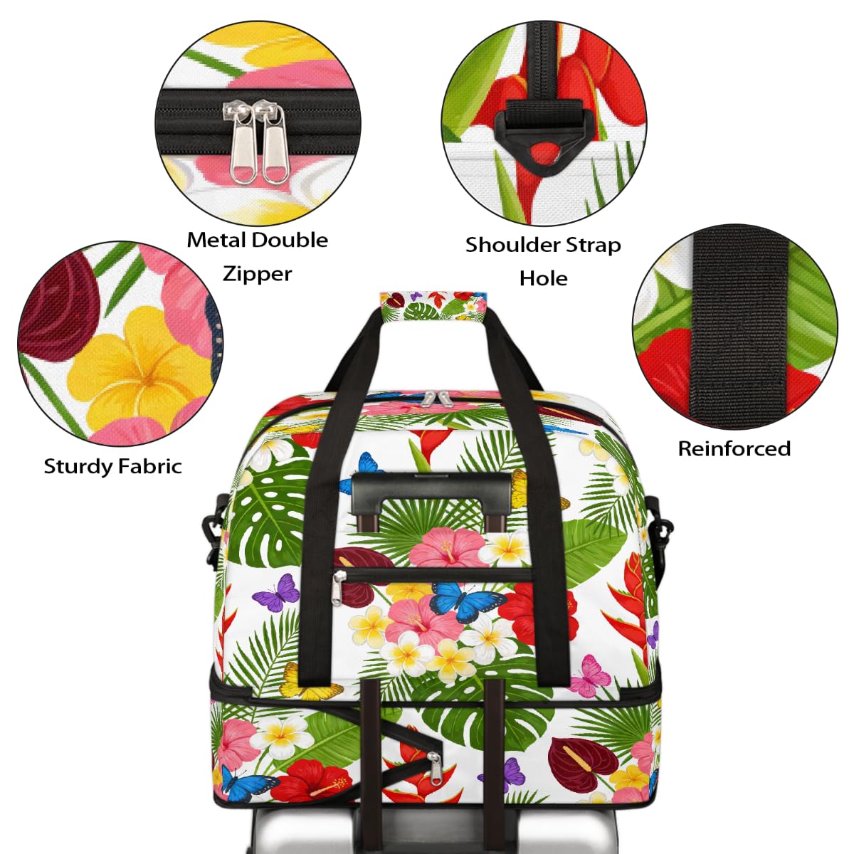 Borsone da viaggio pieghevole con motivo floreale tropicale e farfalla, borsa da palestra espandibile con scomparto per scarpe, borsa da weekend di grande capacità, borsa da portare con sé, per viaggi