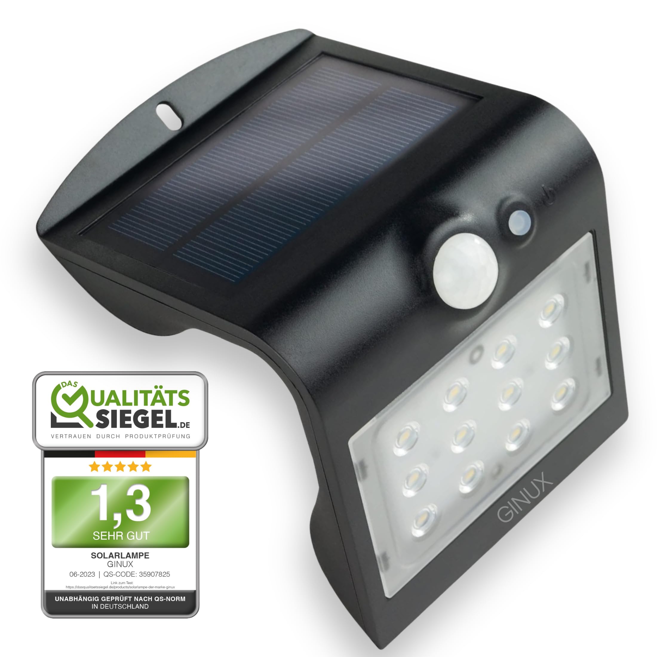 GINUX Solarlampe Außen mit Bewegungsmelder – Elegante Solarleuchte mit Dekorativer Hintergrundbeleuchtung 12 - LED | 220LM, Austauschbarer Akku, IP65 Wetterfest & Deutscher Support (15W Schwarz)