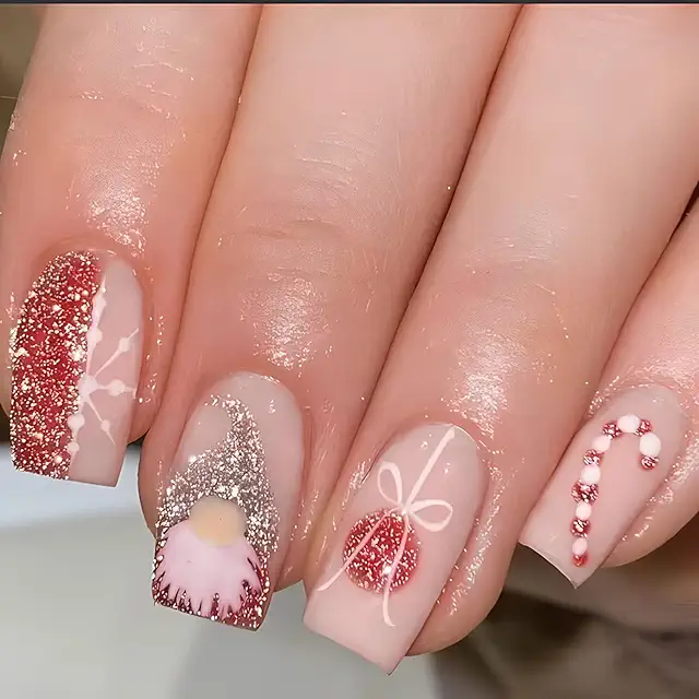 Christmas Press On Nails - Glossy Medium Long Acrylic Square Fake Nails with Gift Design