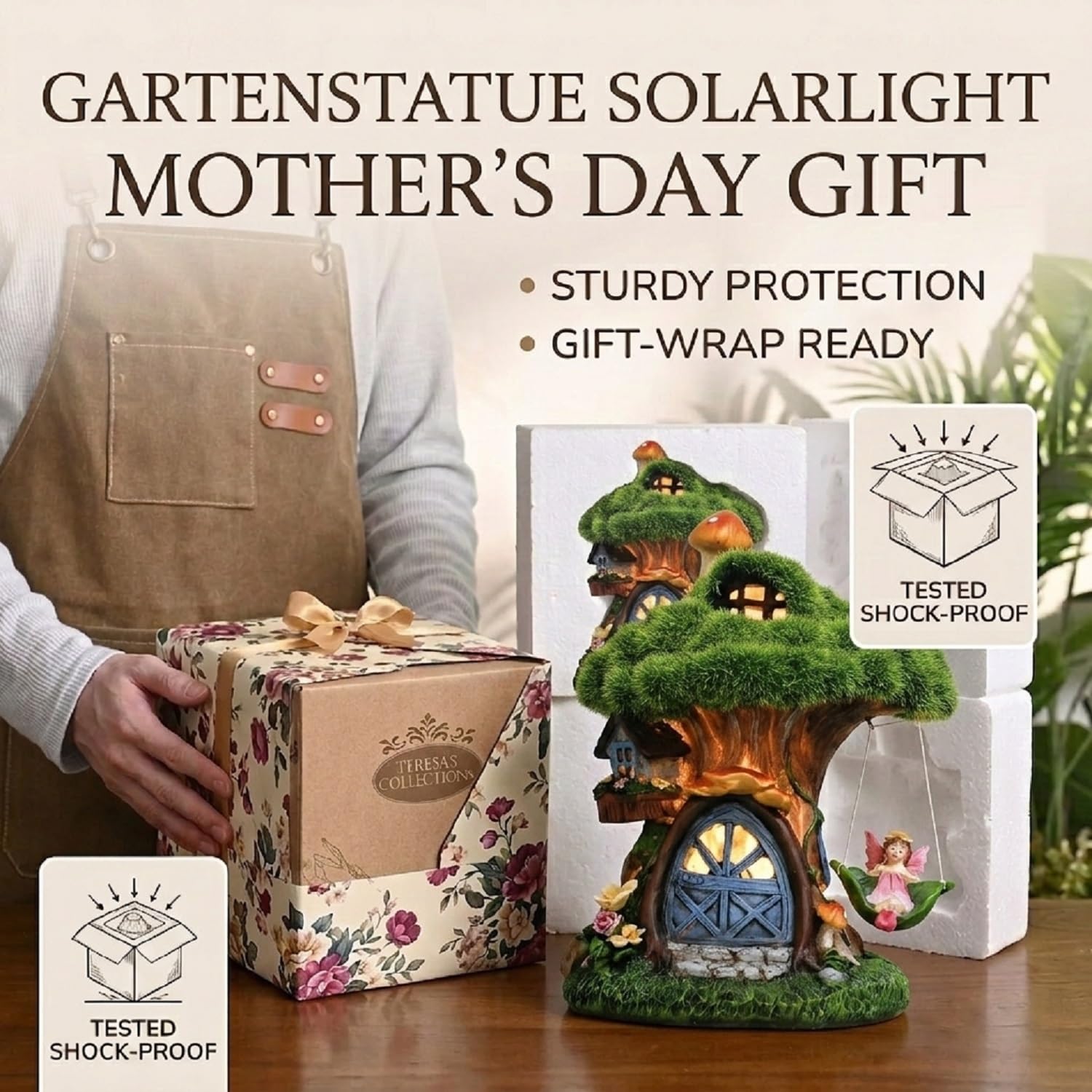 TERESA'S COLLECTIONS Gartendeko für Draußen Feengarten Haus Solarleuchte, Feenhaus Gartenfigur aus Kunstharz Wasserfest, Fairy House Elfenhaus,Figur Geschenke für Frauen/Mama/Papa 19cm(L)