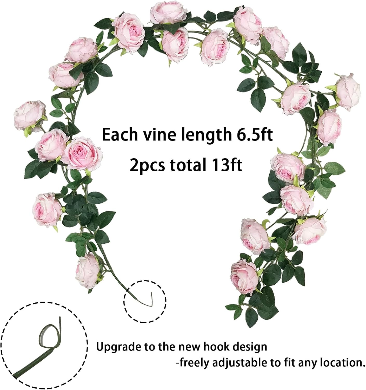 2Pcs(13FT) Artificial Flower Garland, Hanging Fake Pink Roses Vines with 21 Large Size Silk Flowers(Dia 4 inch), for Indoor Outdoor Party Home Wedding Birthday Bedroom Home Wall Decor