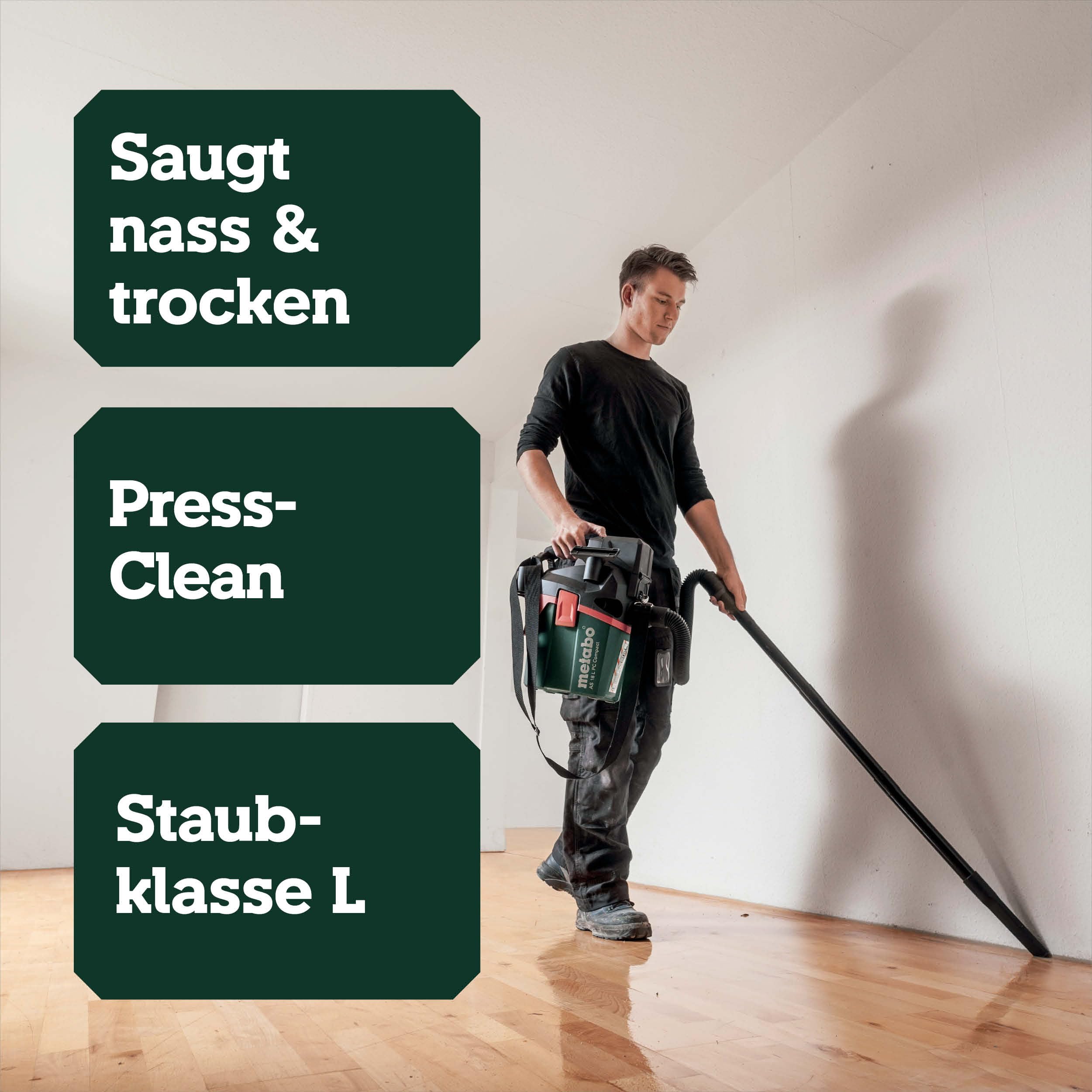 metabo Akku-Sauger AS 18 L PC Compact, 18V Industriesauger Nass-Trocken | Mobiler Mehrzwecksauger der Staubklasse L mit PressClean, Blasfunktion und Tragegurt, ohne Akku und Ladegerät