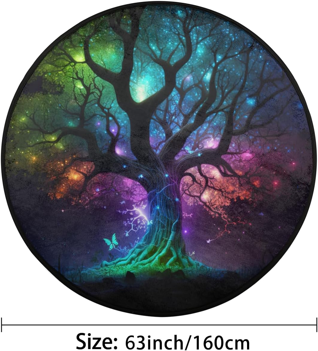 Round Rug 5ft Tree of Life Universe Indoor Circle Area Circle Rugs Washable Non-Slip Bedside Indoor Doormat for Living Room Bedroom Playroom Nursery Room Decor Carpet Mat Splat Mat for High Chair