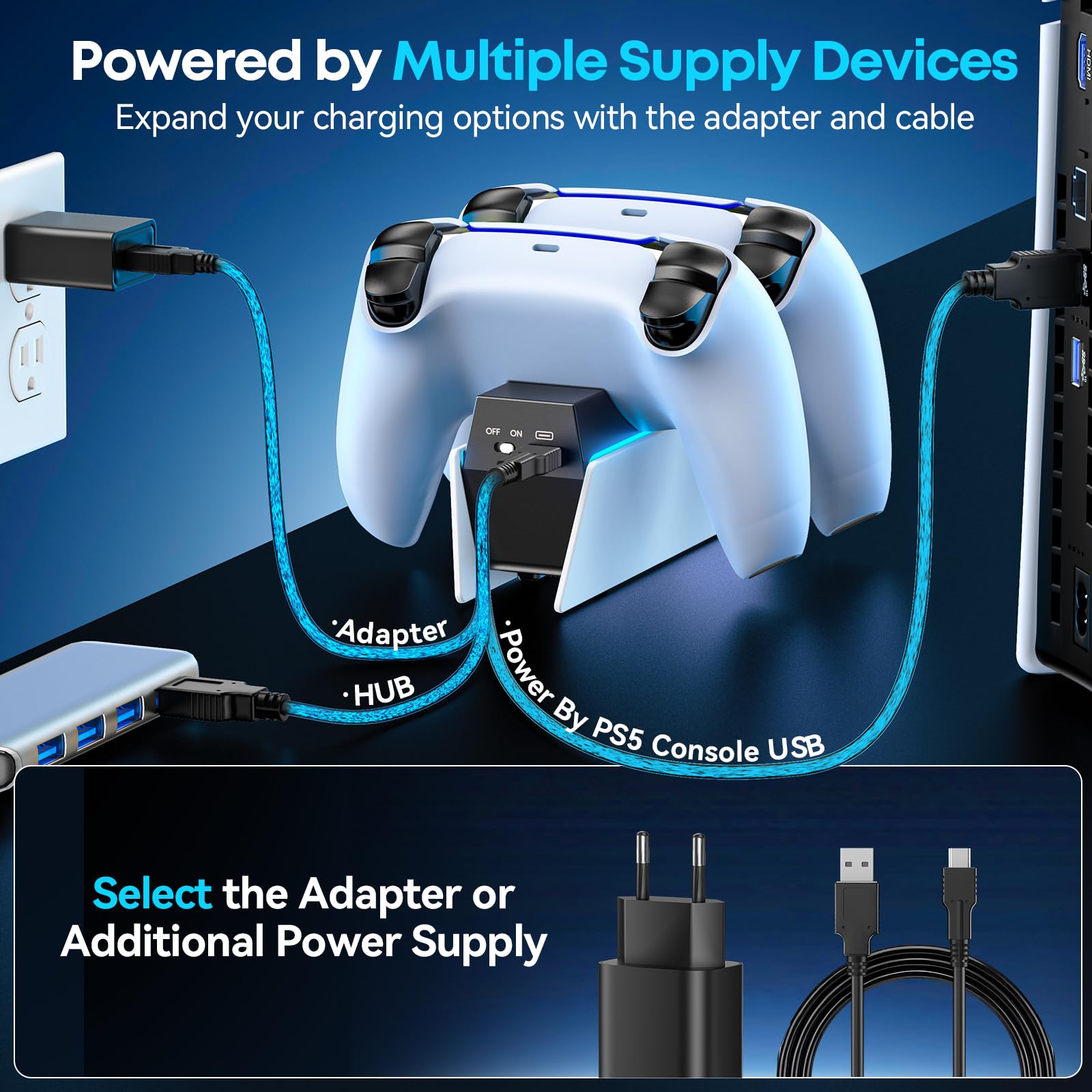 OIVO Base Ricarica PS5, 2.5H Rapida Caricatore Controller PS5 con EU-Adattatore e Indicatore LED, Caricatore Joystick PS5 per Playstation 5 Controller, Accessori PS5