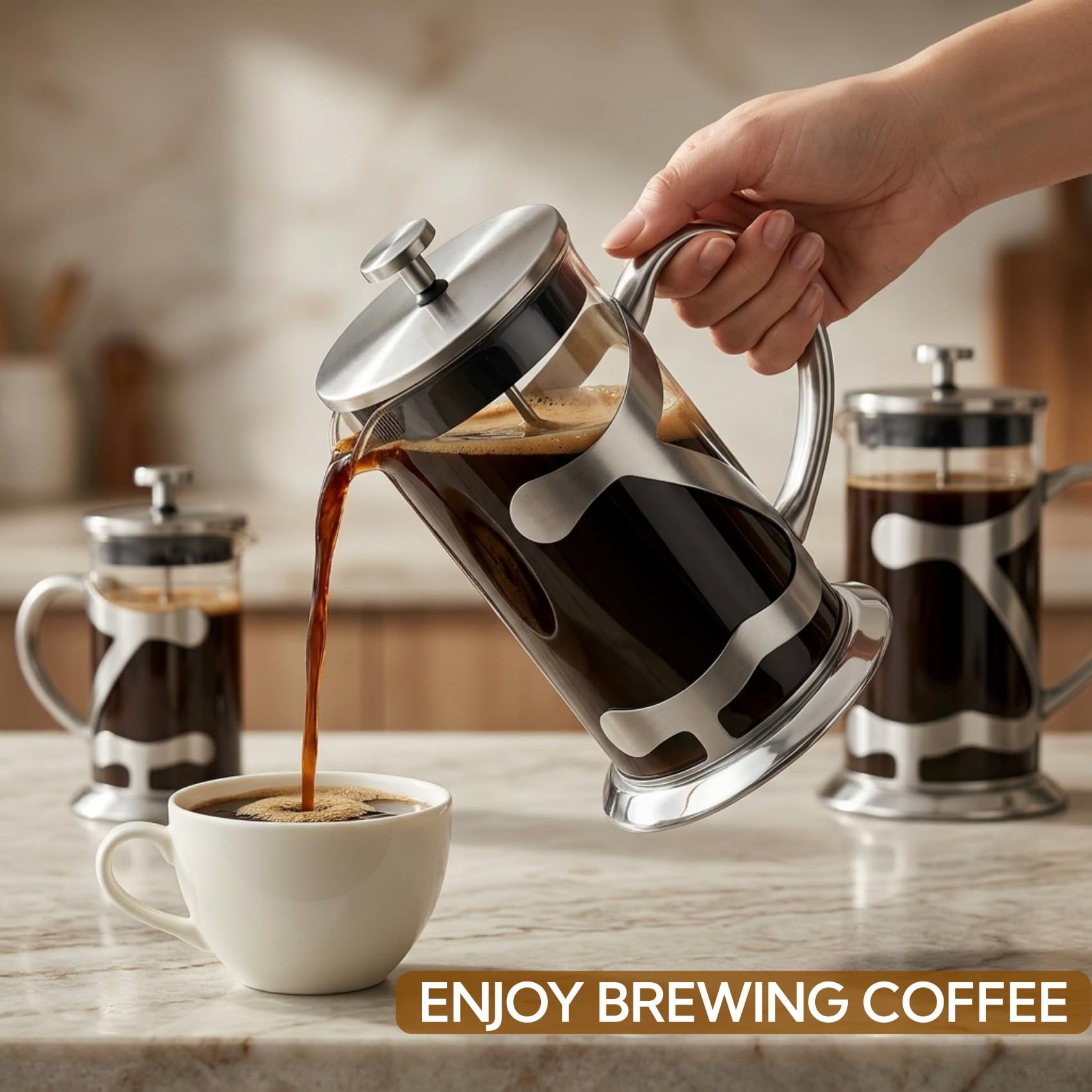 Cafetera de prensa francesa de acero inoxidable de 1 litro, prensa de café de vidrio de borosilicato resistente al calor con cuchara medidora de café, cafetera manual para café y té
