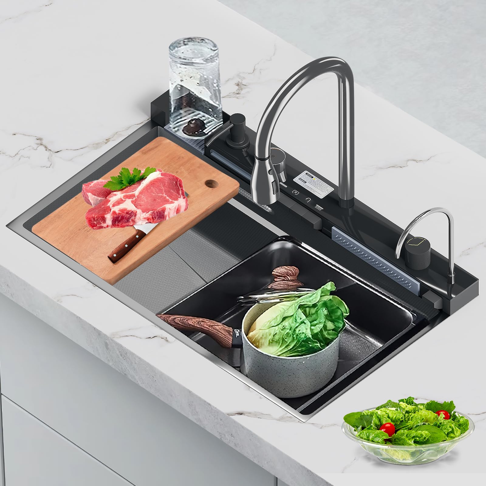Fregadero de cocina, fregadero de cocina inoxidable con escurridor, pantalla LED, grifo cascada, doble riel deslizante, dispensador de jabón, para hogar y profesional, 75 x 45 cm