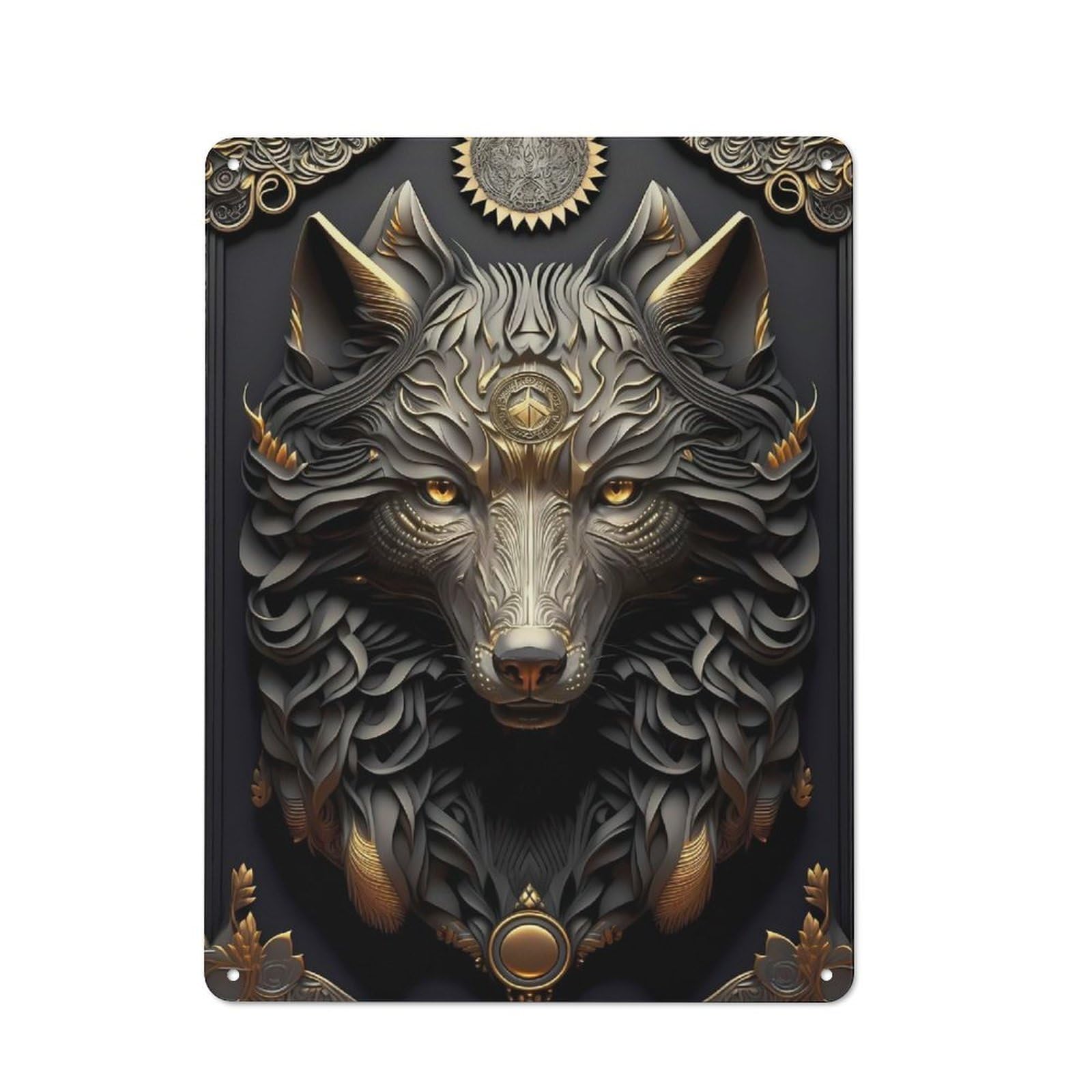 Cafe Style Decorative Metal Plaque 40x30cm Featuring Golden Wolf Sun God Art, Bistro Wall Plaque for Tea Room, Shop Wall Or Breakfast Area