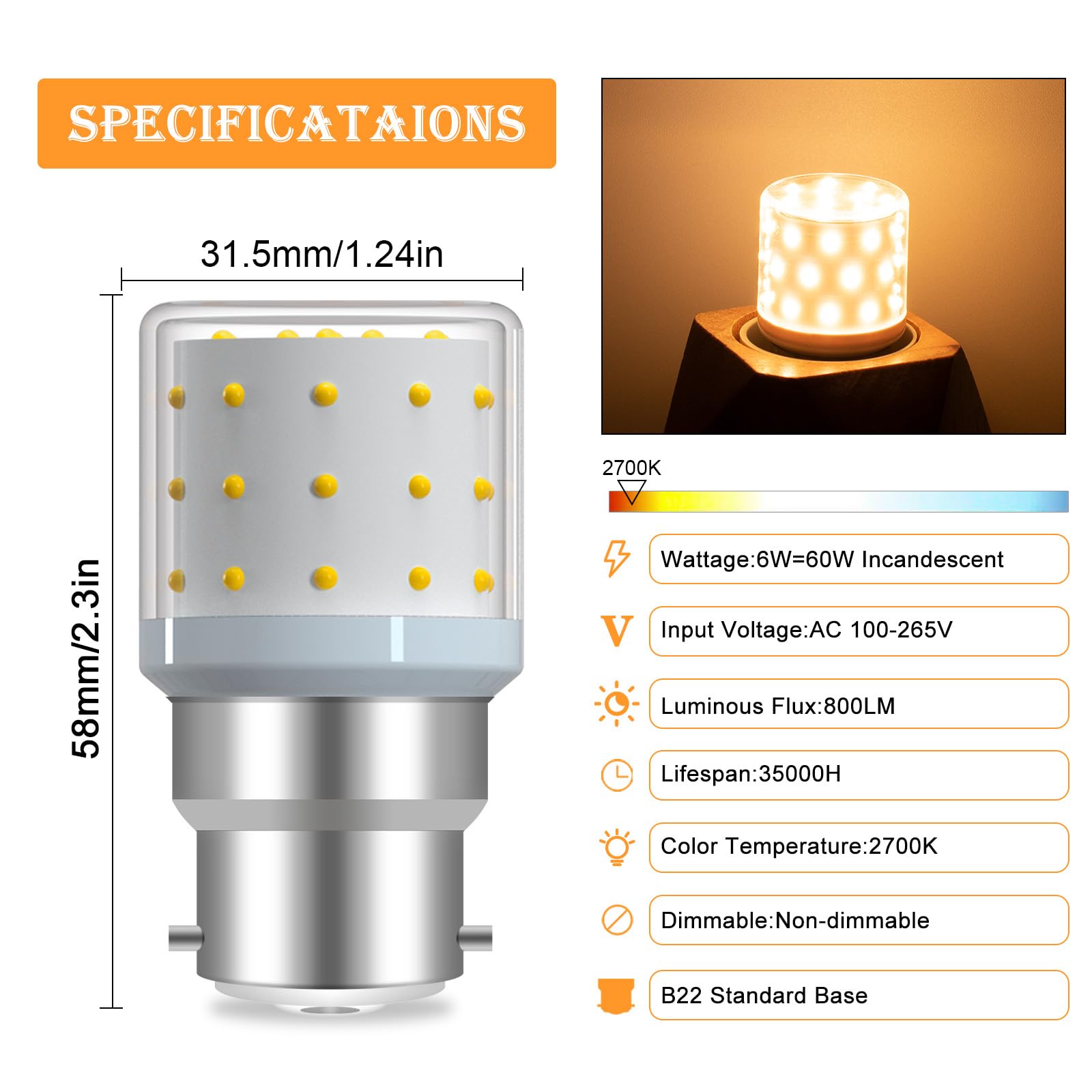 ZHENMING Bayonet Light Bulbs 80W 60W Equvialent,B22 LED Bulb 6W Warm White 2700K 800LM 100-265V Non-Dimmable Corn Light Bulbs for Chandeliers Wall Lamps - Image 4