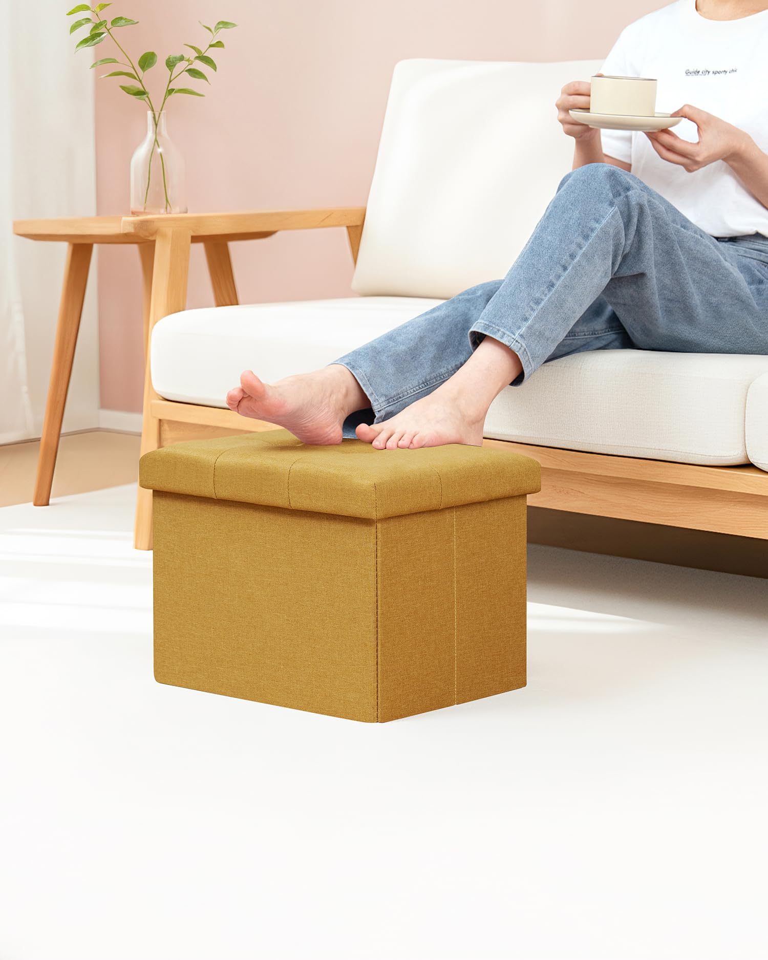 Bonlife Pouf Contenitore Panca Sgabello Contenitore, Piccoli Tavolino Salotto Lino Cubo Portaoggetti Pouf da Camera Quadrato per Soggiorno, Camera da Letto, Ingresso,42x32x32cm Zenzero