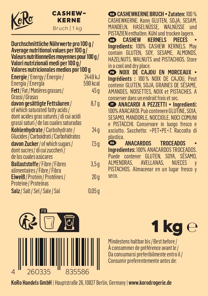 KoRo – Raw cashew pieces 1kg – 100% natural cashew nuts – plain, without additives – unsalted
