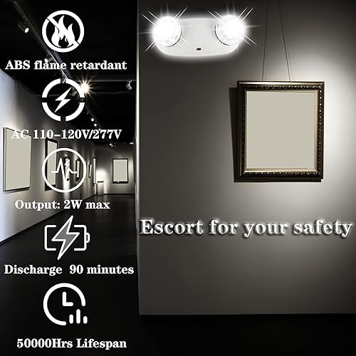 Miniatura 3 de Luz de emergencia LED con batería de respaldo, dos cabezales ajustables, luz de emergencia comercial estándar de EE. UU. 120-277V (UL 94V-0), luz de