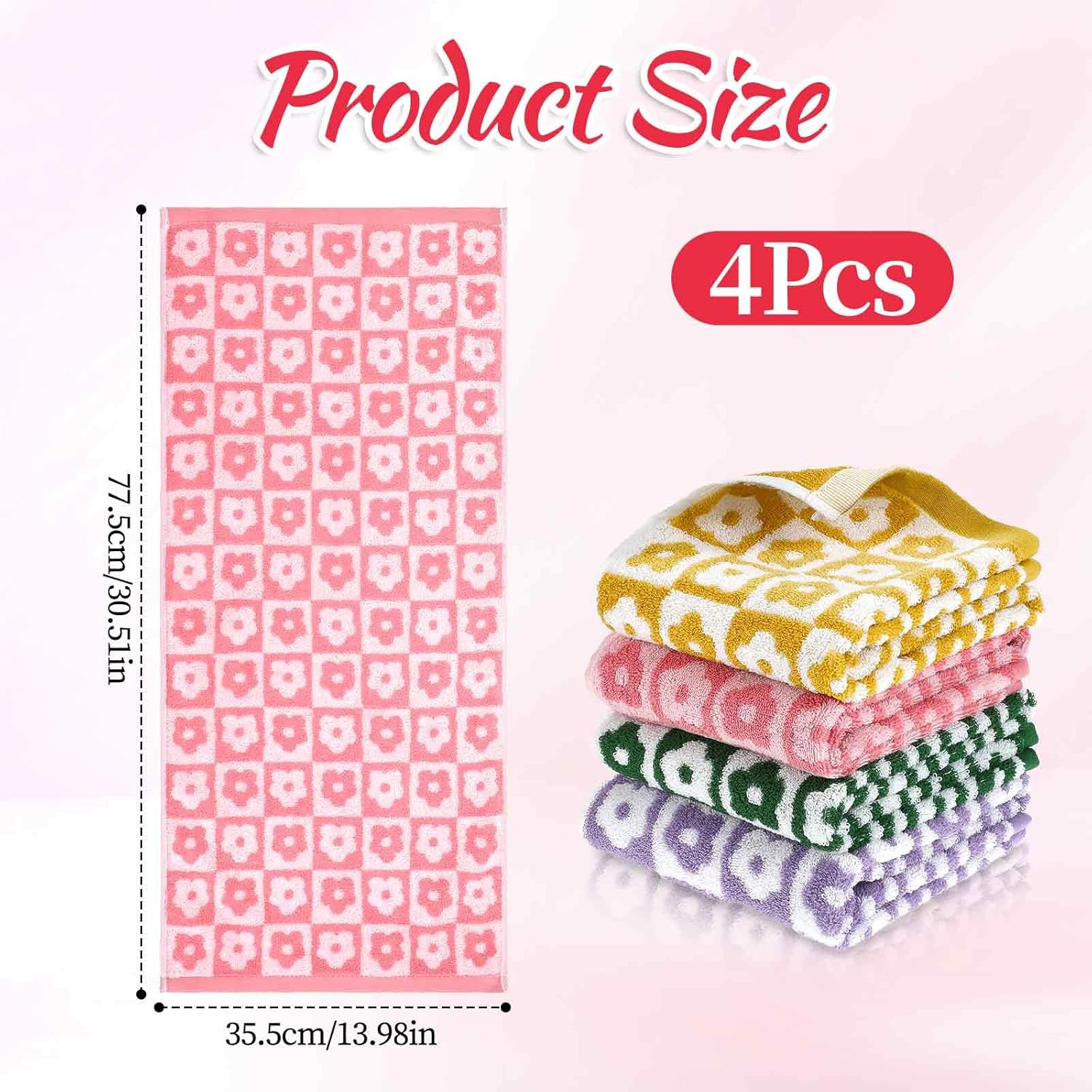 4 Pcs Checkered Hand Towels, Cute Cotton Bath Towels Soft Absorbent Floral Hand Towels for Bathroom, Colorful Patterned Face Towels for Bath Spa Gym Kitchen 13” x 29” - Image 2