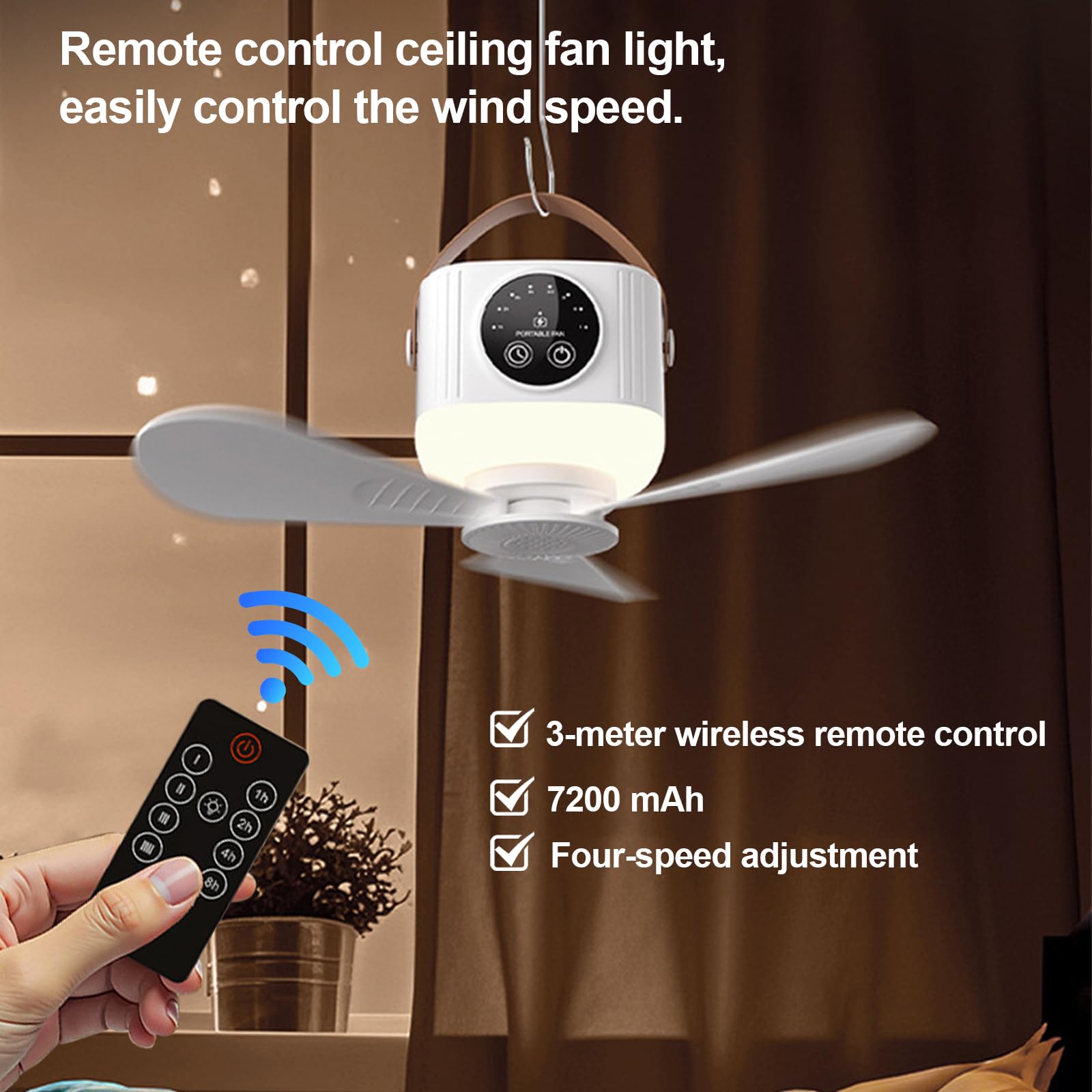 Deckenventilator Outdoor mit Dreibein, 7200mAh Camping Ventilator mit Licht, Aufladbar Deckenventilator mit Beleuchtung Camping, 4-Gang Zeltventilator mit LED für Angeln, Wandern, Outdoor (7200mAh)