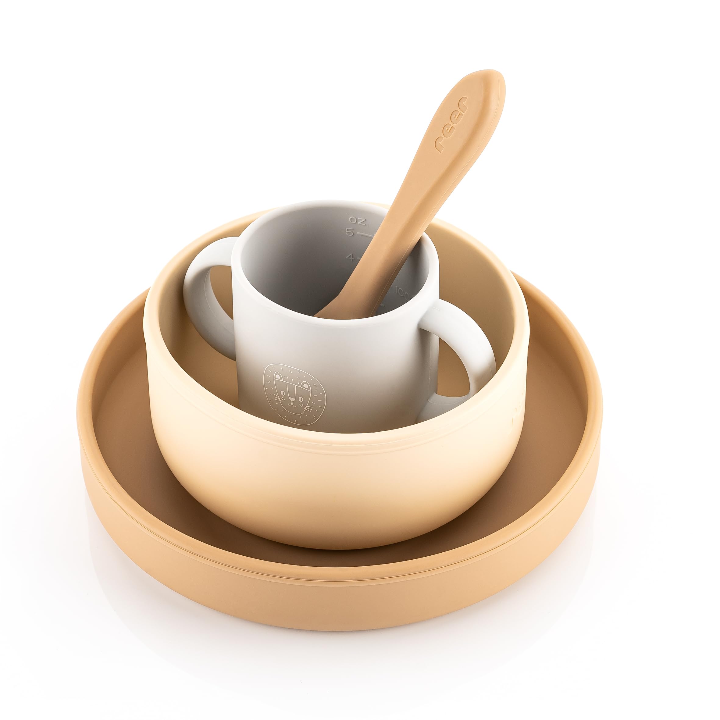 reer Silikon Geschirrset| Kinder-Geschir | 4-teilig – Teller, Schale, Becher & Löffel | lebensmittelechtes Silikon | geeignet für Backofen, Mikrowelle & Gefrierschrank |spülmaschinengeeignet |beige