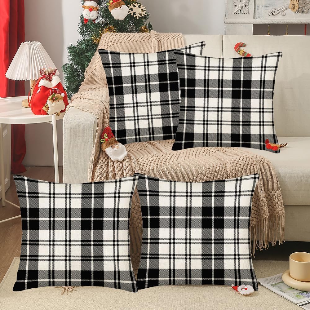 Fukeen Set of 4 Black and White Buffalo Plaid Pillow Covers 24x24 Inch Outdoor Christmas Check Throw Pillow Cover Winter Farmhouse Decorations Pillow Cases Cotton Linen for Sofa Couch Home Decor
