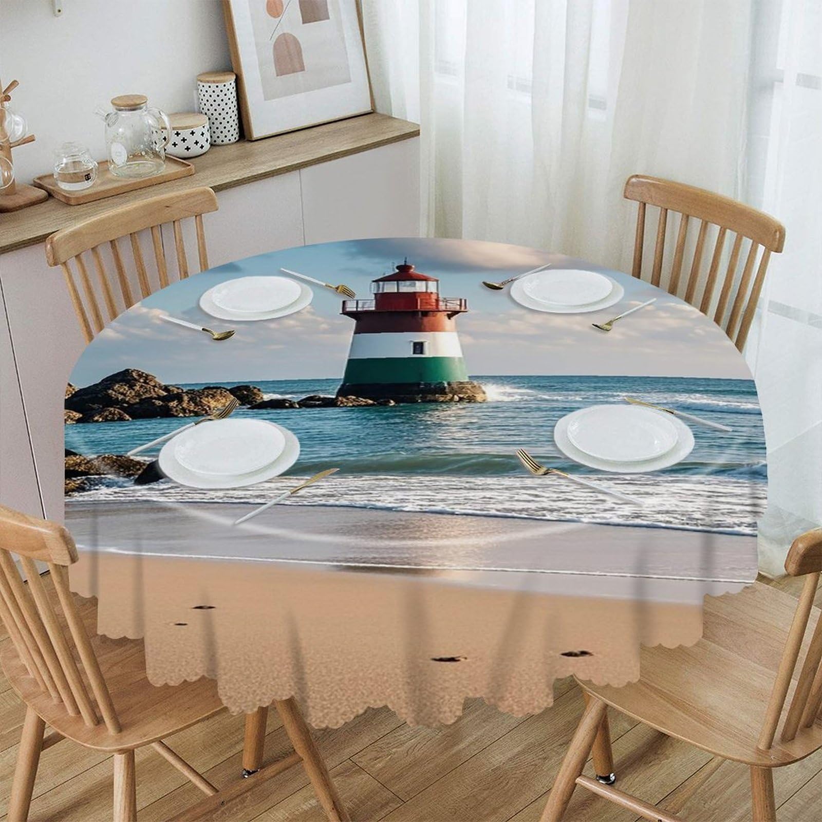 FekiLoot 60 Inch Round Sea Lighthouse Sandbeach Tablecloth Waterproof Heavy Duty Polyester Table Cloth Spill-Proof Wipeable Table Cover Decorative Circle Dining Tablecover for Party Outdoor