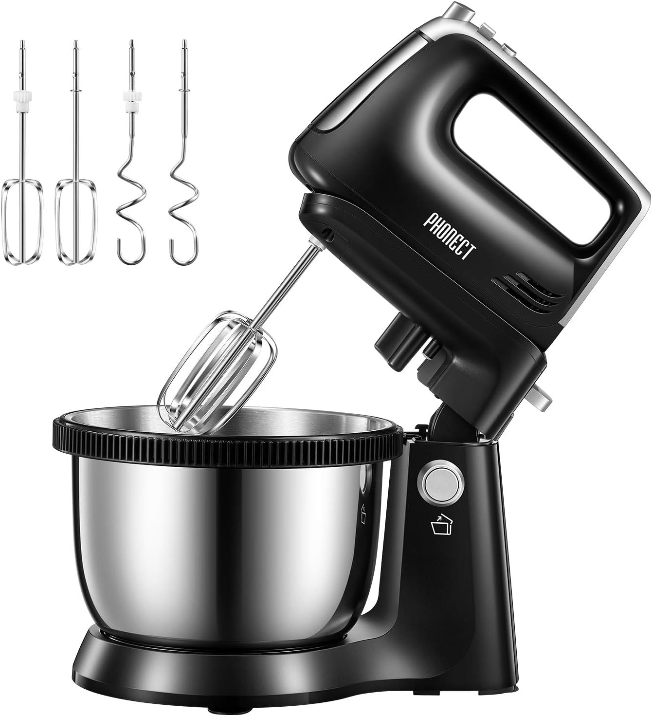 Hand Mixer Electric Detachable Stand Mixer Includes 3.7-Quart Stainless Steel Rotating Bowl, 5 Speed and Turbo Function, 2 Beaters, 2 Dough Hooks, 250W, Black