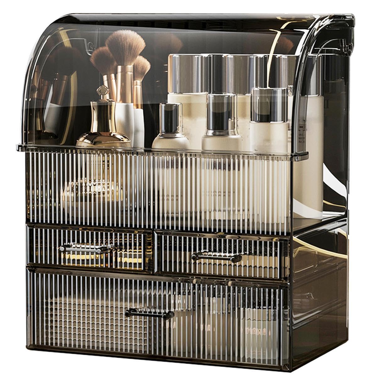 Makeup Storage Organiser, XL Large Acrylic Cosmetics Organizer Skincare Display Case with Drawers and Waterproof Cover for Countertop, Bathroom, Dresser(Black-XL)