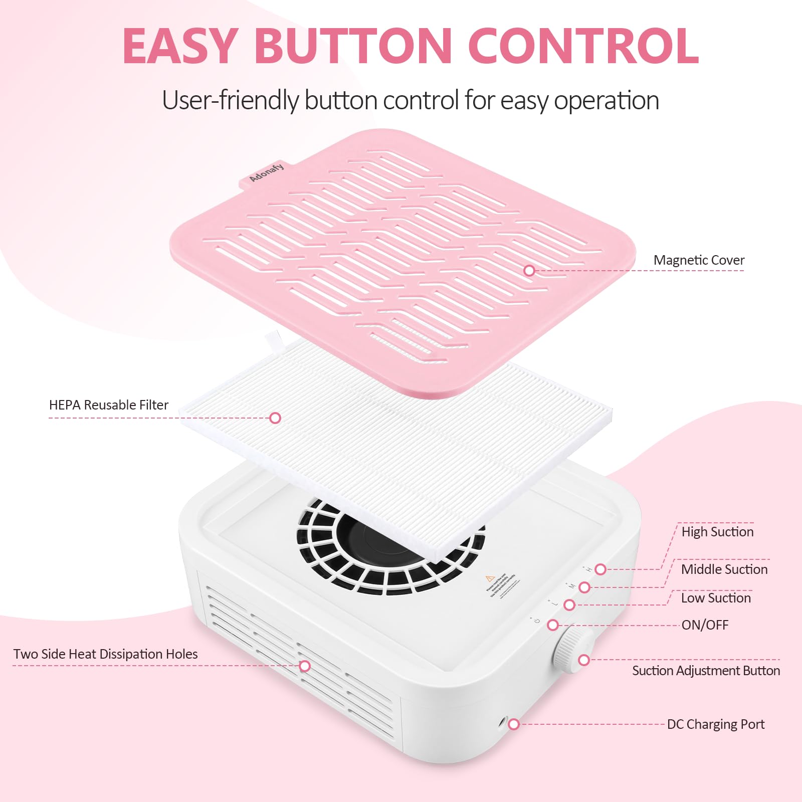 Aspiratore Unghie Professionale 120W Basso Rumore Aspirapolvere per Unghie Regolabile con Filtro Rosa