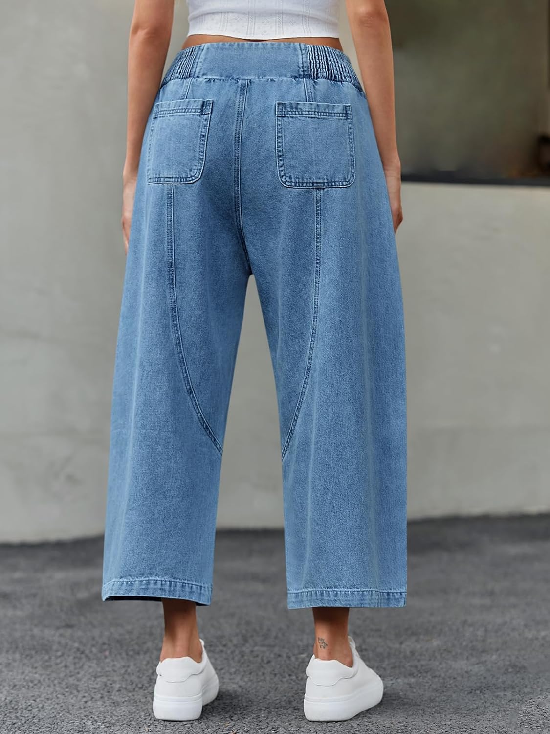 Cicy Bell Womens Wide Leg Cropped Jeans Baggy Boyfriend Smocked Mid Rise Harem Denim Pants - Image 4