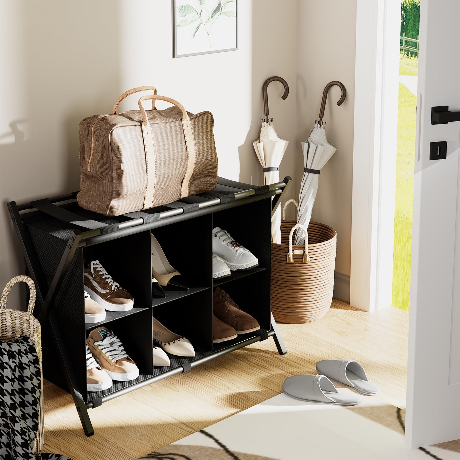 Portapacchi con contenitore, supporto pieghevole in metallo per valigie con 6 ripiani cubici in tessuto, portabagagli portatile, a 2 livelli, per camera da letto, casa, hotel, nero