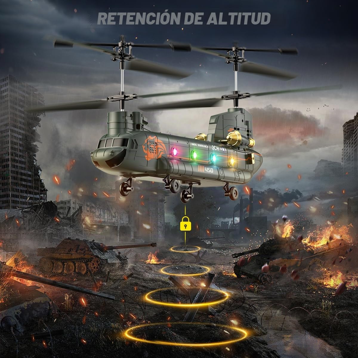 VATOS Helicóptero teledirigido, 2,4 GHz, Transporte Militar, helicóptero teledirigido con retención de Altura, despegue y Aterrizaje, luz LED, helicóptero RC del ejército