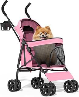 MoNiBloom 4-Wheel Pet Stroller for Small/Medium Dogs & Cats Up to 22 lbs - Easy Fold, Breathable Mesh, All-Terrain Wheels, Pink