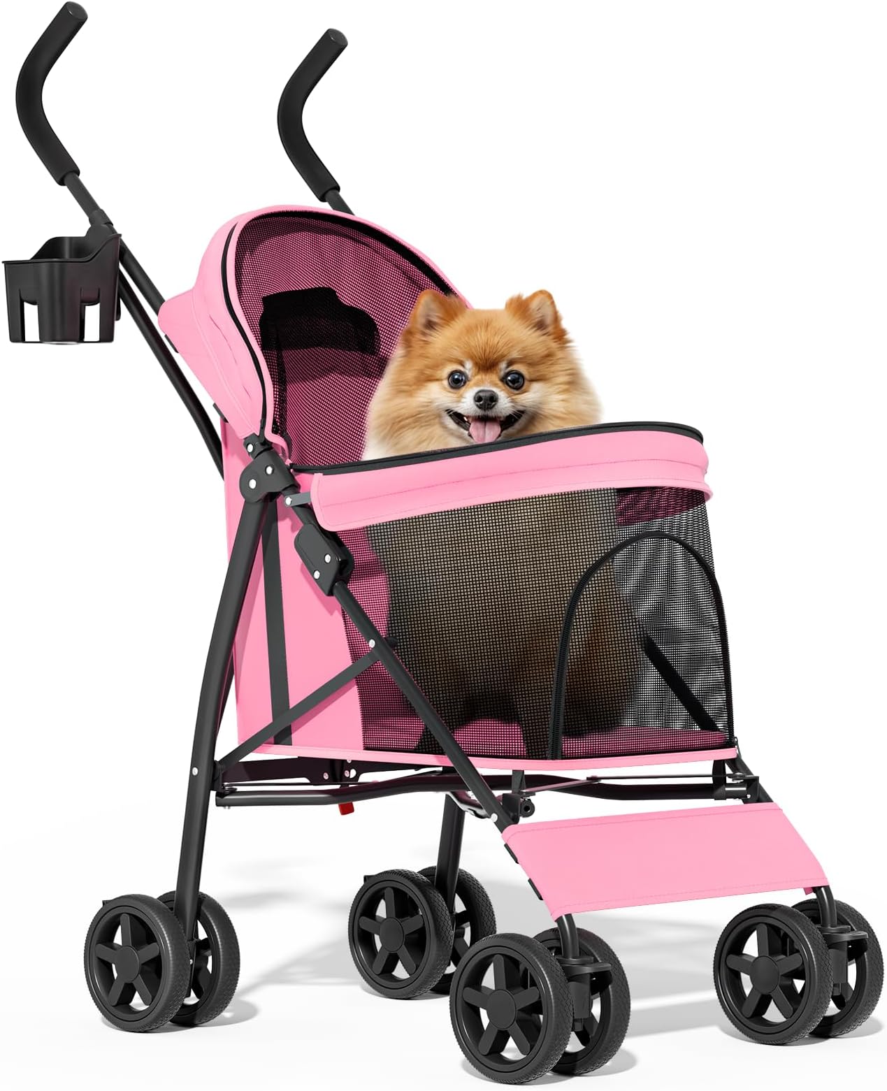 MoNiBloom 4 Wheels Pet Stroller, Easy-Fold Puppy Cage Jogger Stroller with Sun Cover, Pad and Rear Storage Bag, Breathable and Visible Mesh for Small/Medium Pets up to 22 lbs, Pink