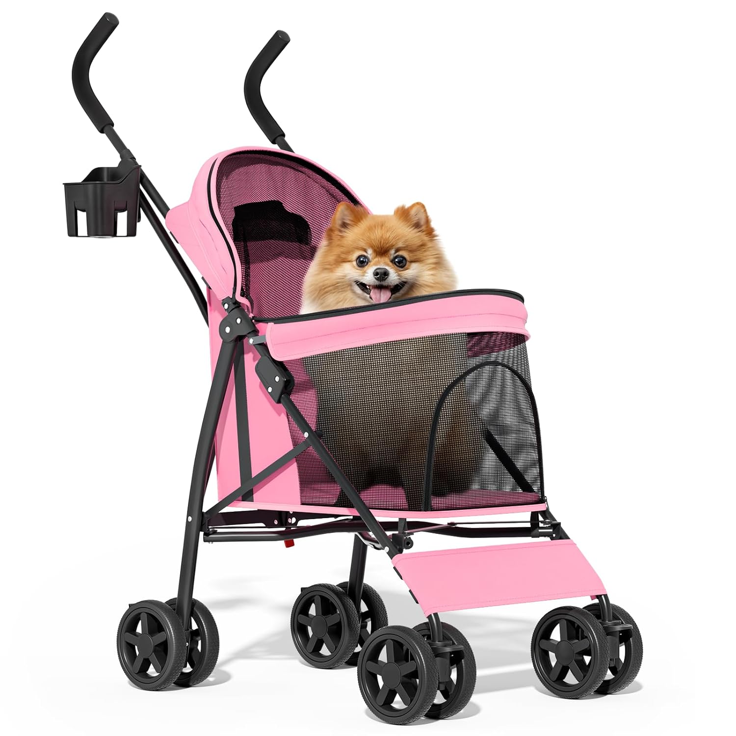 MoNiBloom 4-Wheel Pet Stroller for Small/Medium Dogs & Cats Up to 22 lbs - Easy Fold, Breathable Mesh, All-Terrain Wheels, Pink