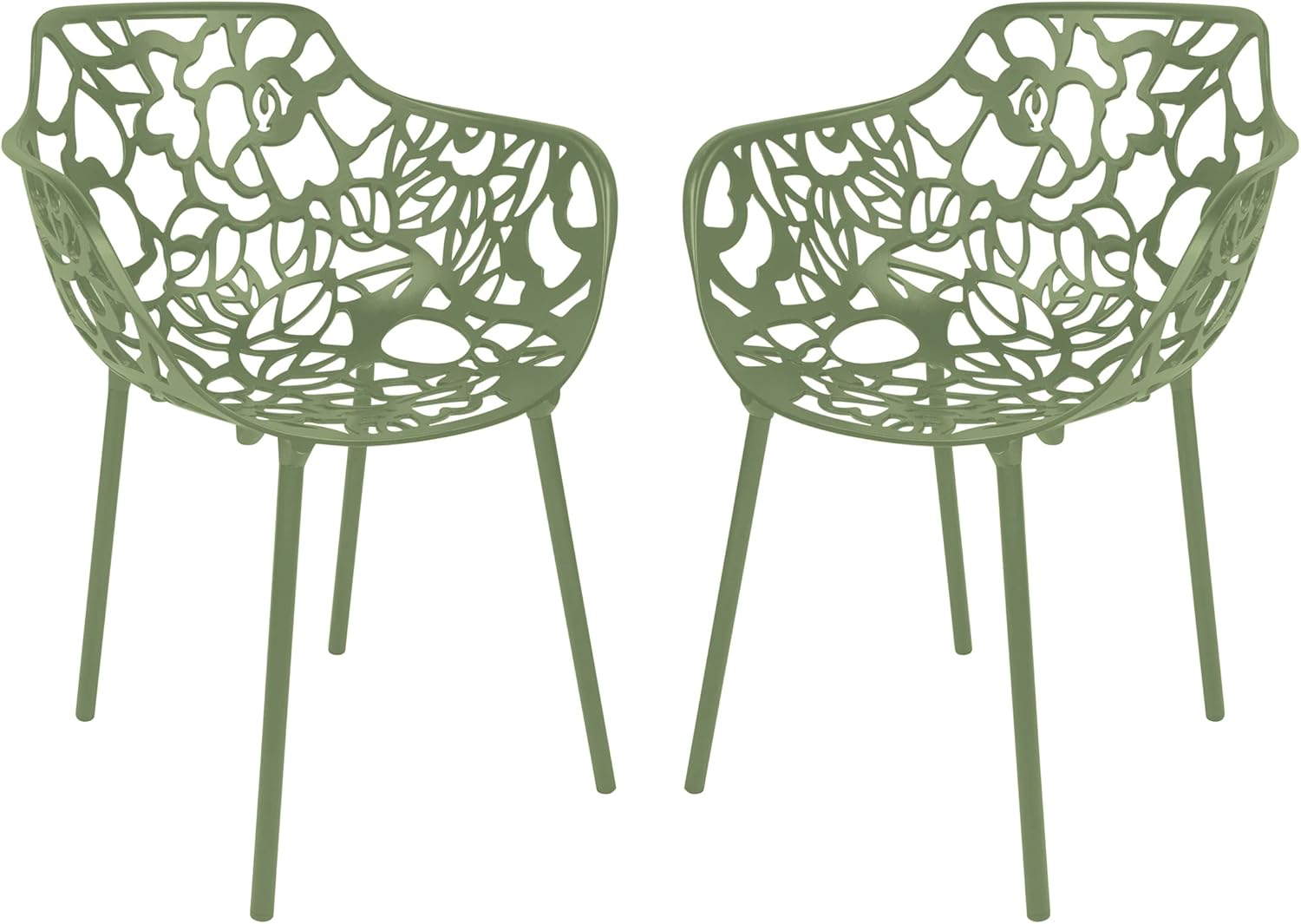 LeisureMod Devon Modern Aluminum Indoor-Outdoor Stackable Patio Dining Armchair, Set of 2, Khaki Green