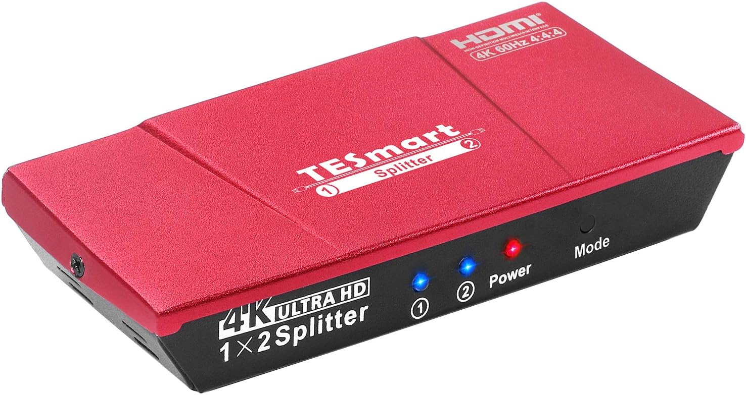 TESmart HDMI Splitter 1 In 2 Out Support 4K 60Hz HDR 10 HDCP 2.2 Smart EDID Compatible for PS4 Xbox Sky Box Fire Stick, DVD Player HDTV Projector-Coral Red