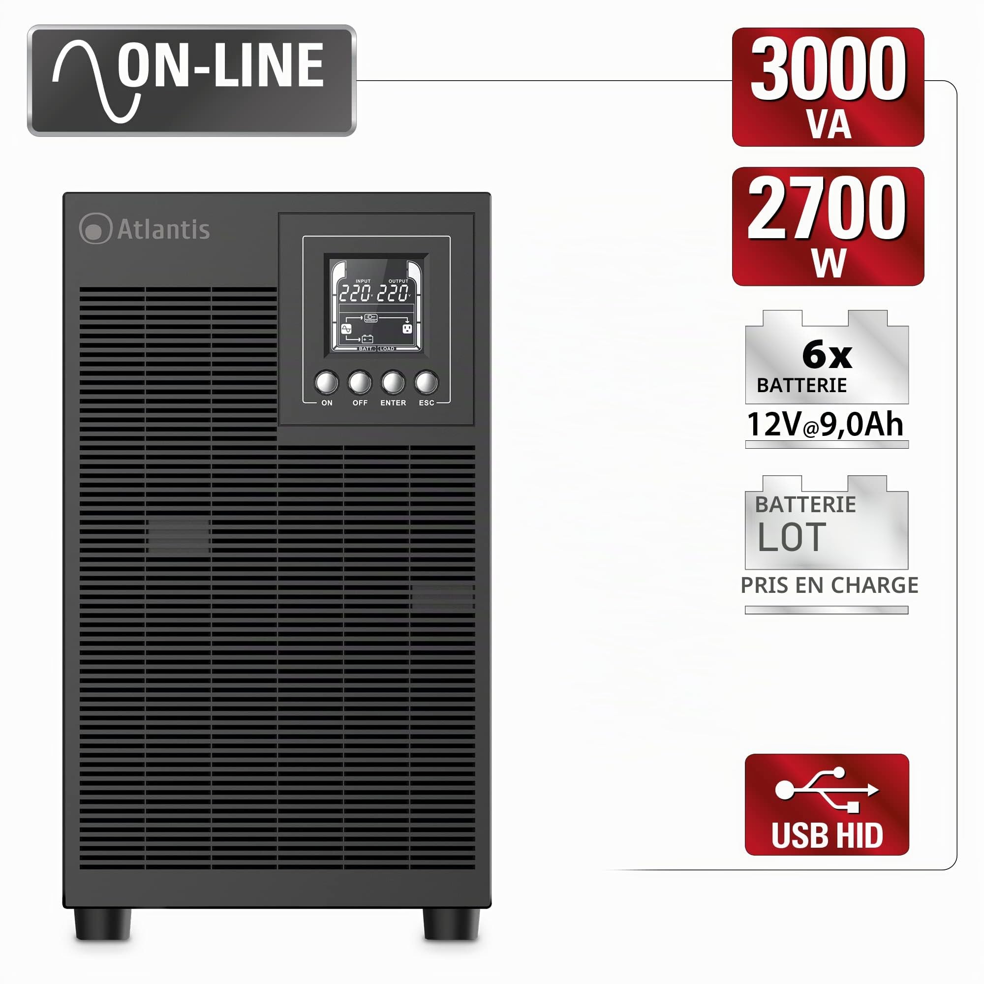 Atlantis onduleur on-Line 3000VA/2700W, Double Conversion | onde sinusoïdale pure, tour pour serveur, LCD, USB, RS232, 4 sorties IEC, EPO, slot SNMP, 6 batt. 12V 9Ah, réf. A03-OP3002P