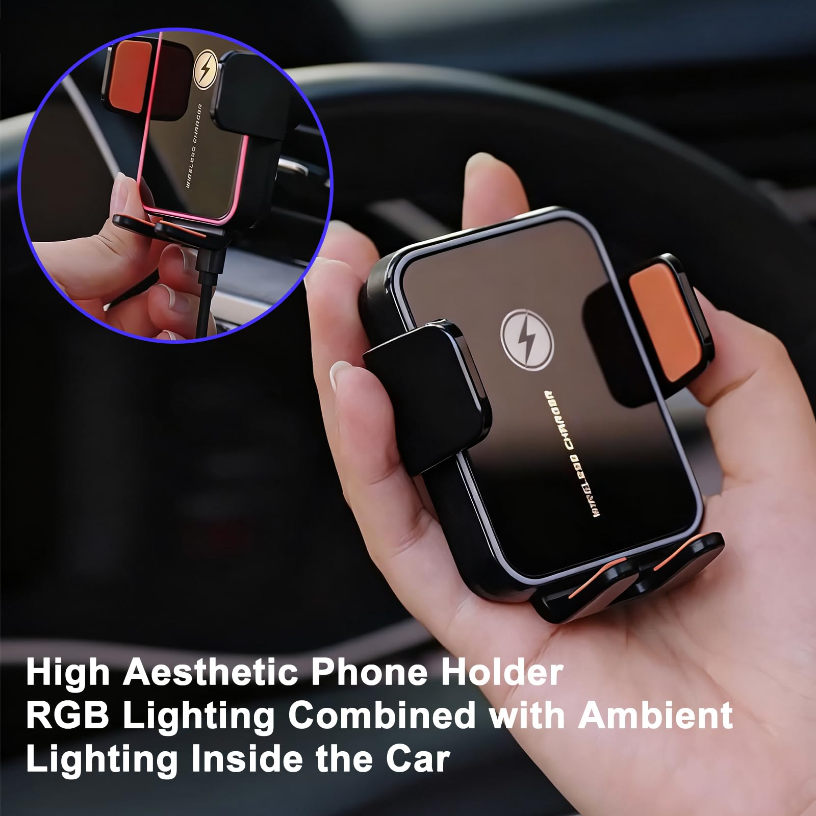 Supporto per cellulare da auto da 15 W, con funzione di ricarica, morsetto automatico, touch, ricarica induttiva, luce RGB, rotazione a 360°, caricatore rapido