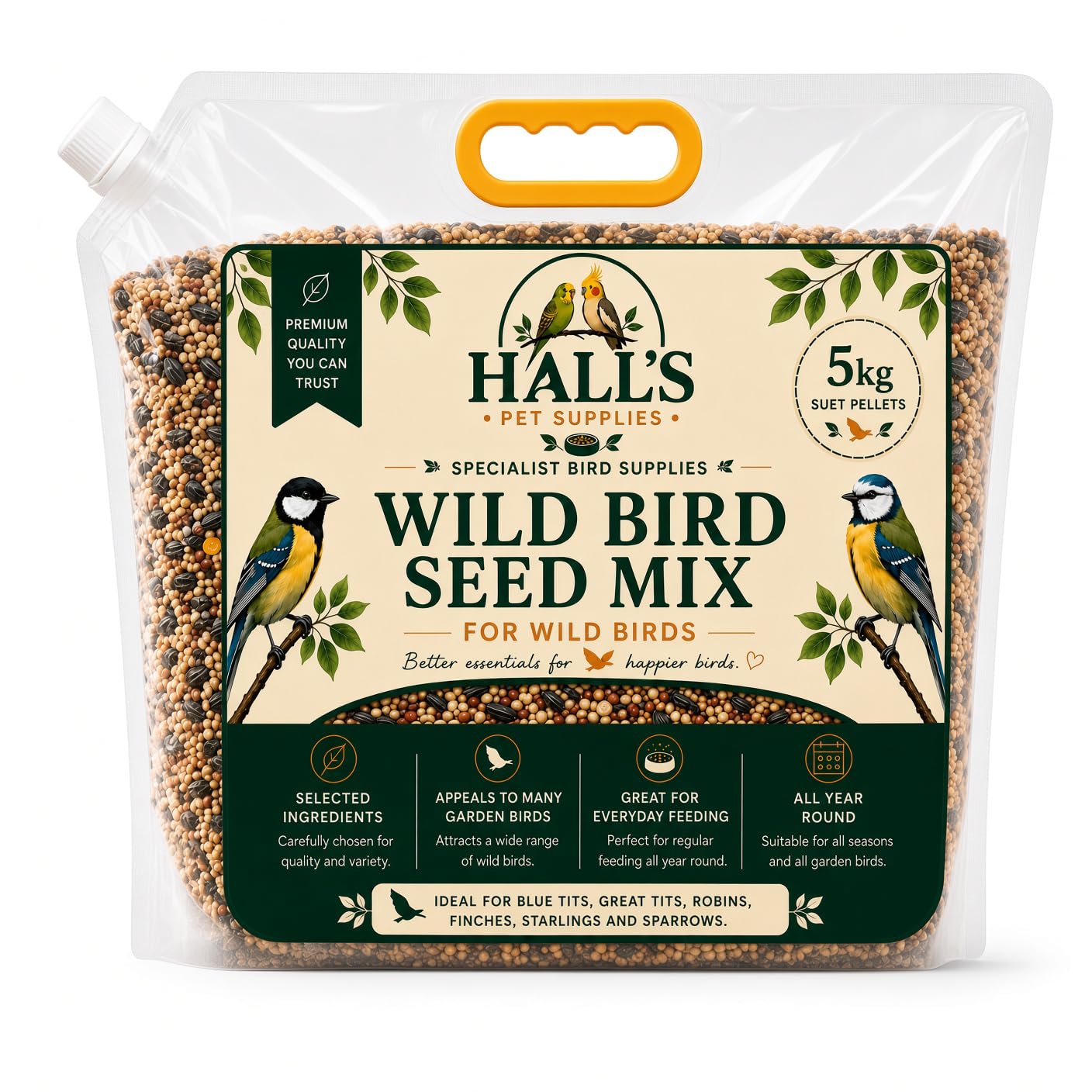 Hall’s Wild Bird Seed Mix 5kg – EasyPour Pouch Garden Bird Food, No Mess Resealable Mix for Robins, Blue Tits, Finches & Sparrows