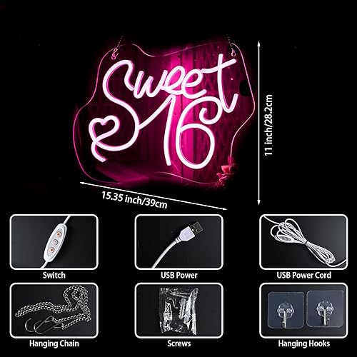 Miniatura 2 de Letrero de neón Pink Sweet 16, 15.4 x 11 pulgadas, letrero luminoso de neón con 16 luces para niñas, decoración de fiesta de cumpleaños de 16 años,