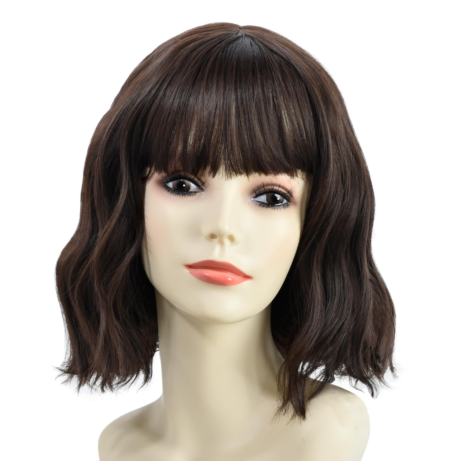 BUYOGET Wavy Bob Wig with Bangs Synthetic Hair Shoulder Length 12 Inch Short Curly Wigs for Women Natural Dark Brown - Image 2