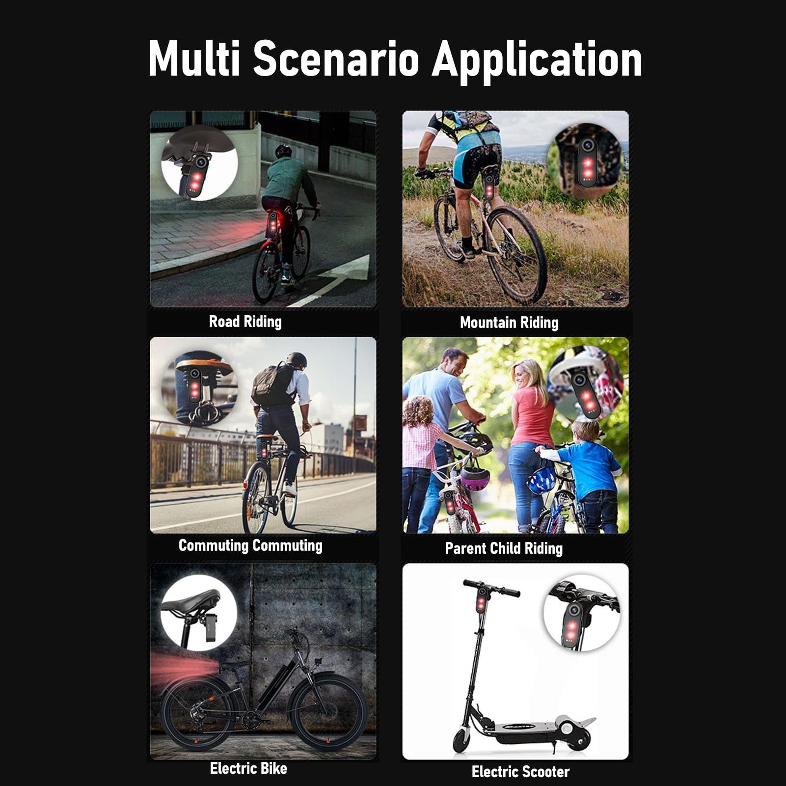 Camera da Ciclismo 1080p con Luce di Coda, Telecamera Posteriore in Bicicletta 1080p, Angolo di 140 ° Largo, IPX6, Registrazione del Loop, Supporto per App, per Montagna, Bici (64G)