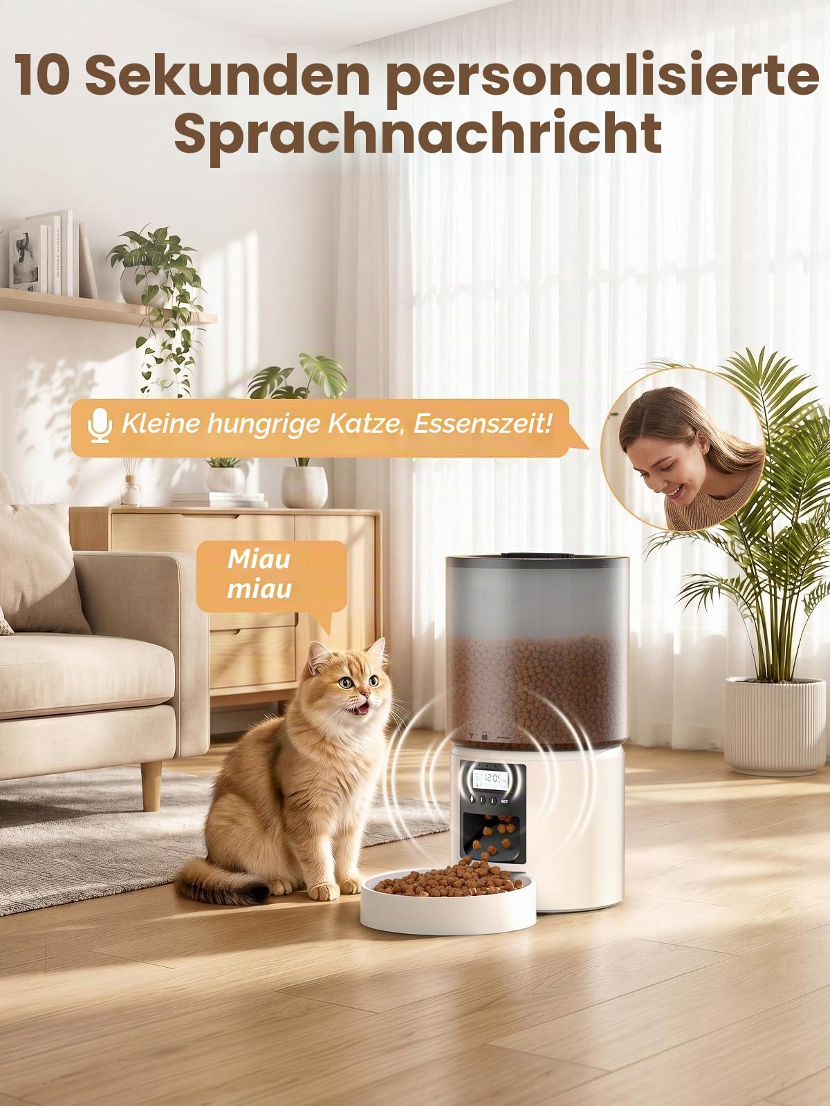 Futterautomat Katze 4L mit Timer, Katzenfutter Automat programmierbar 1–6 Fütterungen Portionskontrolle, Futterspender Katze mit 10s Sprachaufnahme Dual-Strom für kleine & mittlere Haustiere
