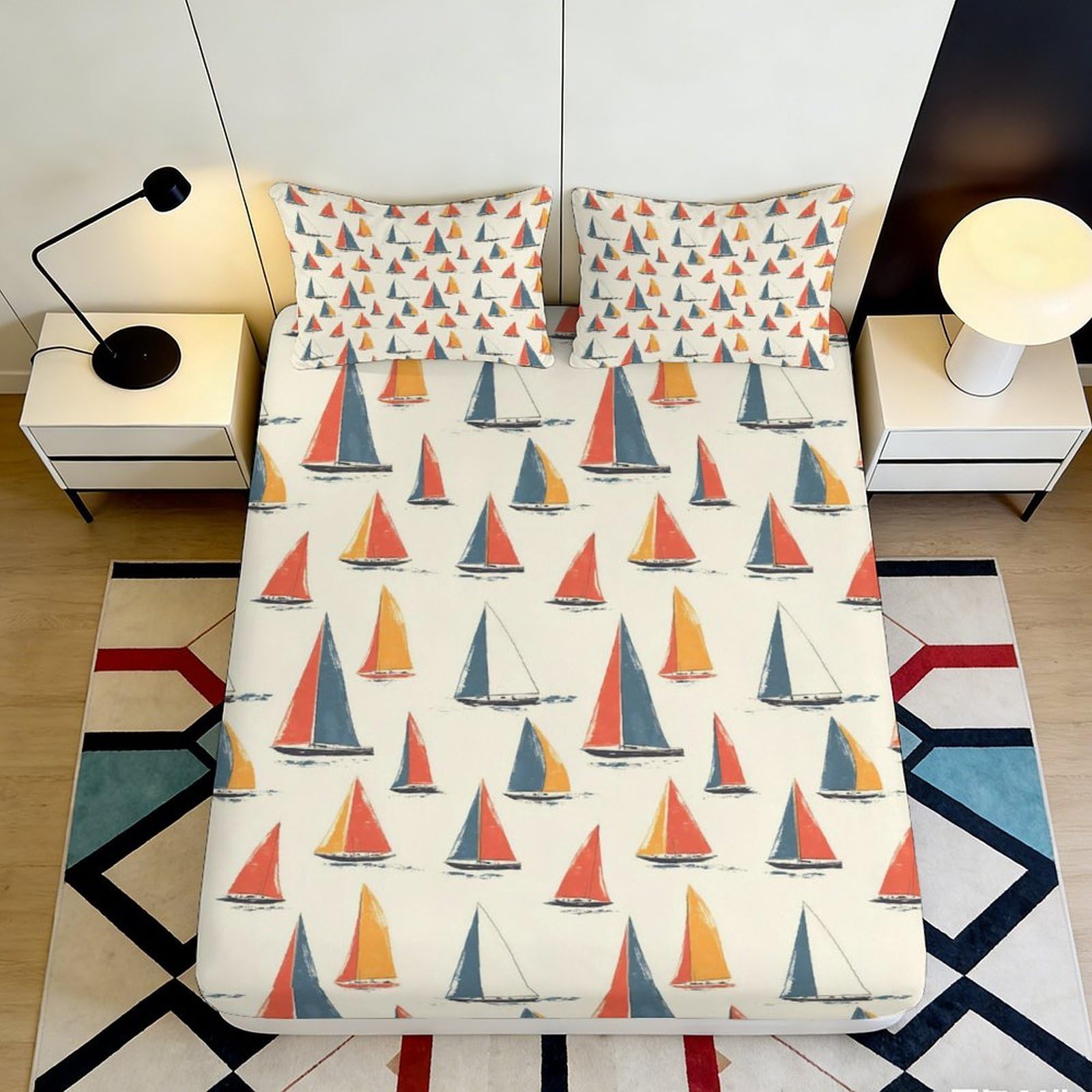 3D Printed Sailboat Microfiber Deep Pocket Fitted Sheet Bedroom Bedding Set Non-Slip Sailboat Mattress Fitted Cover Washable 120x200x25cm