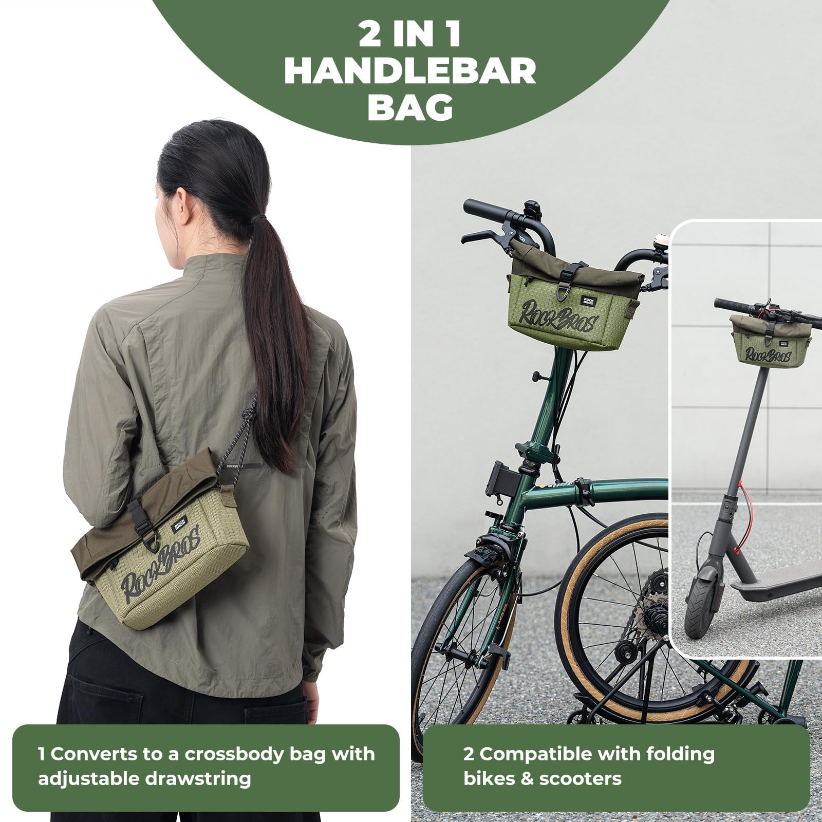 ROCKBROS Sacoche de Guidon Vélo 2 en 1 – Sac Avant & Bandoulière, pour Vélo Pliant Brompton, Capacité Extensible, Installation Facile, Compatible avec Tous Types de Vélo, Sacoche de Guidon Vélo