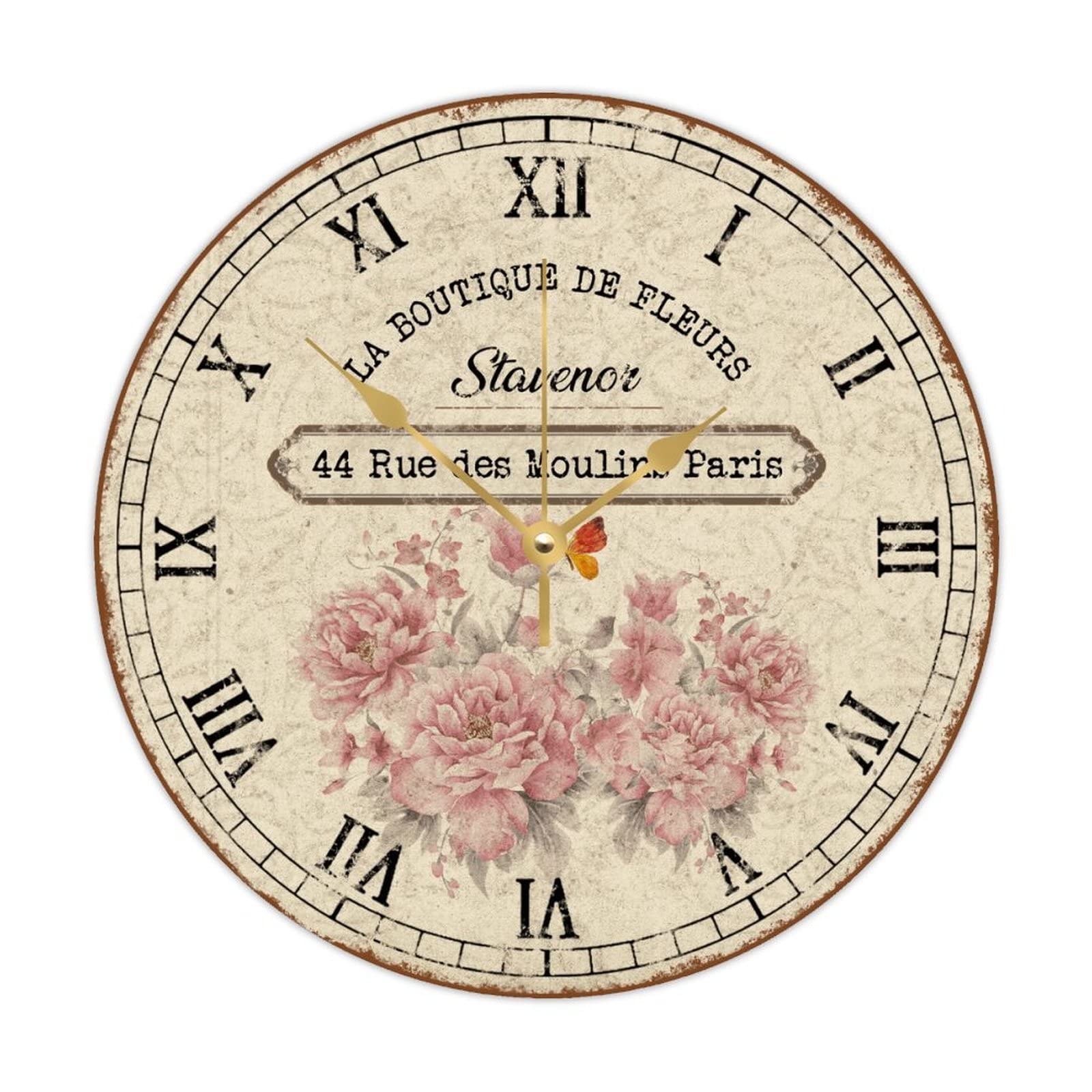 Horloge murale à quartz vintage silencieuse 38 cm fleurie en bois