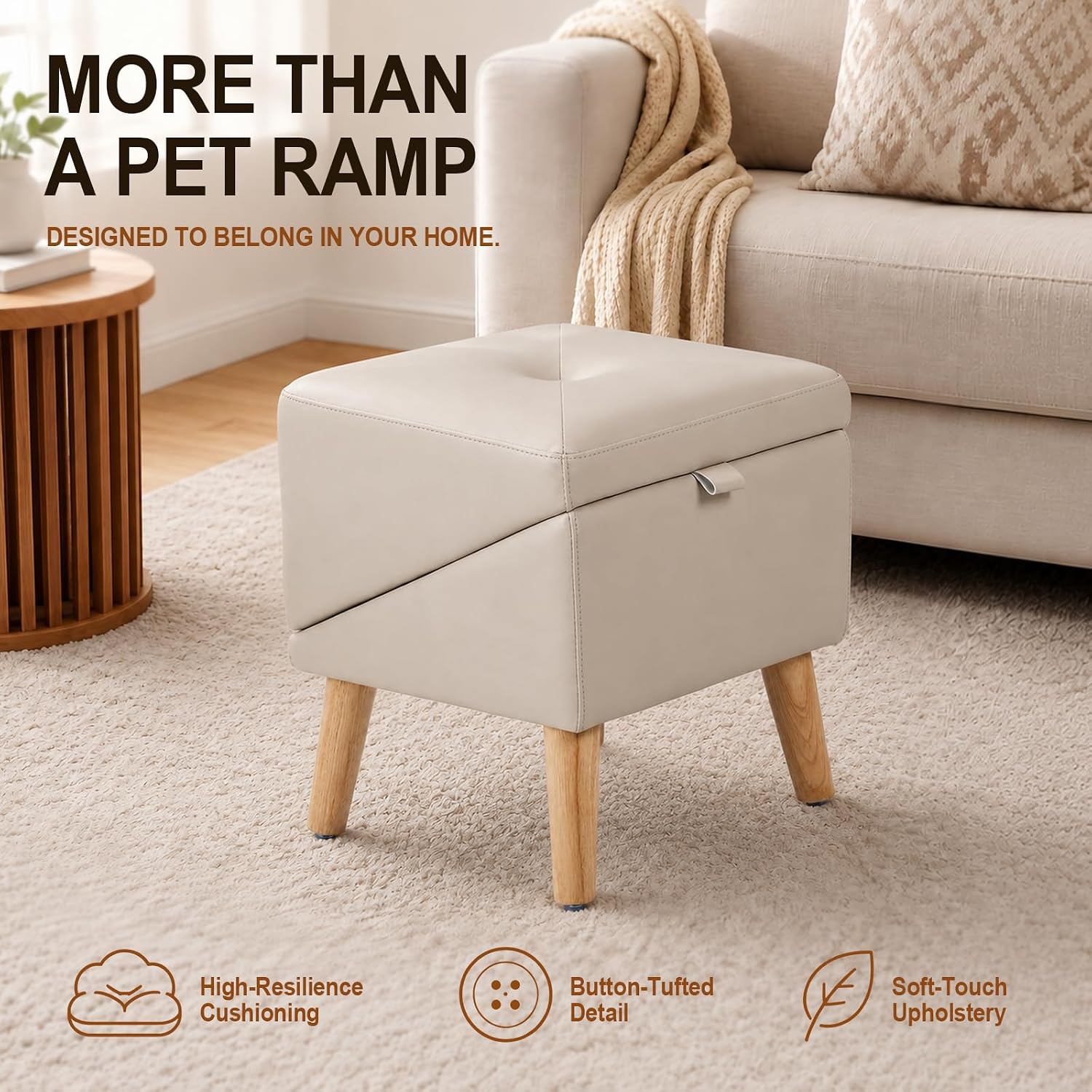 Dog Ramp for Couch and Bed, 16 High Foldable 2-in-1 Dog Ramp Ottoman, Solid Wood Frame with Non-Slip Mat, Easy to Assemble & Clean Pet Ramp, Pet Stairs Alternative Safe for Small Senior Injured Dogs