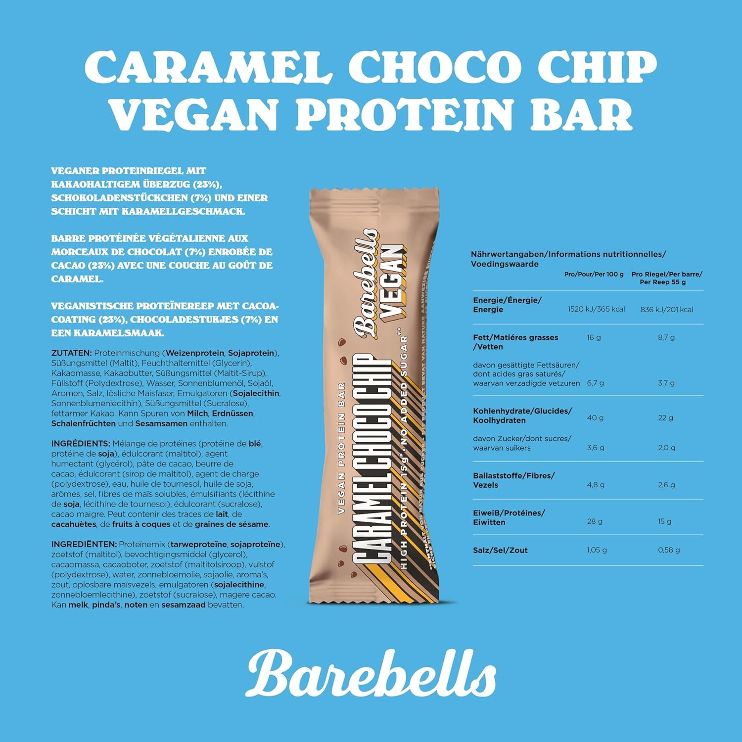 Barebells Vegan Caramel Choco Chip Protein Bar 55g – Plant-Based High Protein Snack, 15g Protein, No Added Sugar, Vegan Chocolate Chip Flavor — Amazon image 3