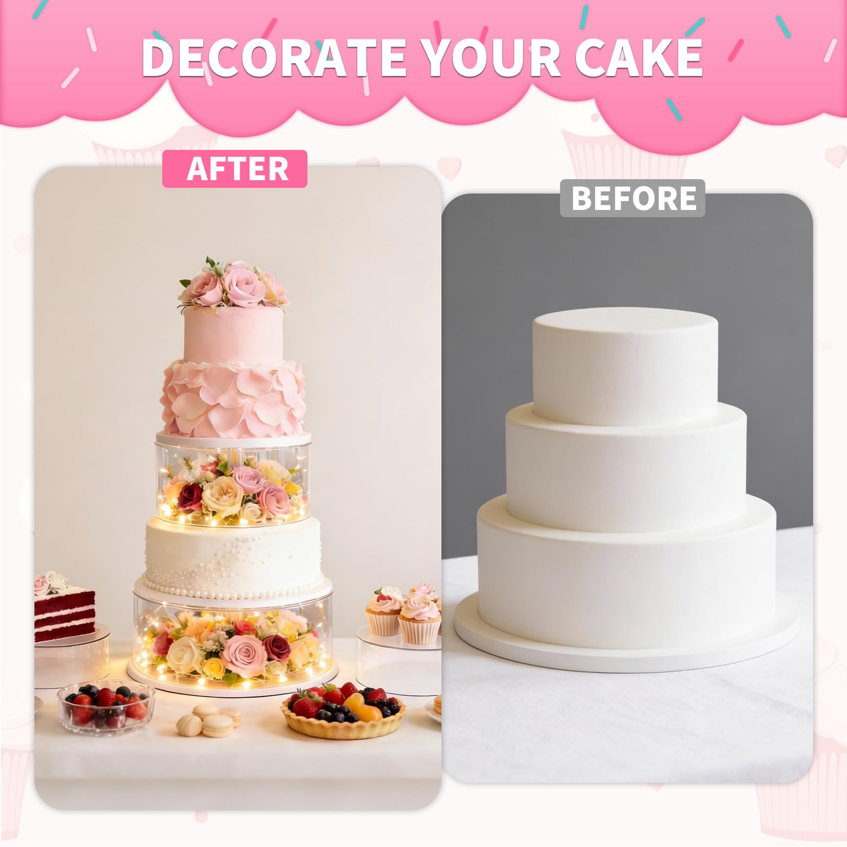 Garvee Alzata per torte in acrilico trasparente con luci a LED, 15,2/20/25,4 cm, rotonda, riempibile, con etichette, espositore da tavolo per dessert, per feste, matrimoni, compleanni