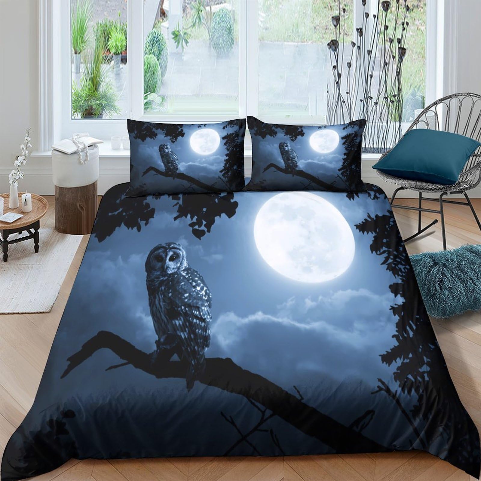 Ctjqhvkz Style-1 3D Printed Full Moon Night Owl Fitted Sheet Microfiber Soft Breathable Forest Tree Mattress Cover Bedroom Decor Single（135X200cm）