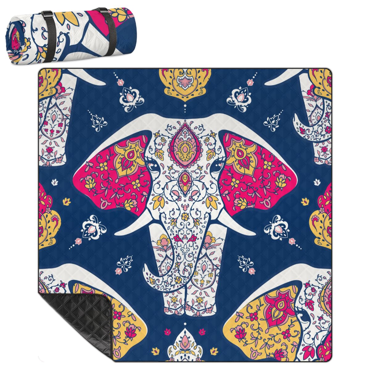Shimoshe Extra Large Picnic Blankets 79”x 79”, Mandalaanimal Elephant Waterproof Foldable Picnic Mat with Straps Portable Beach Blanket for Camping Park Grass Beach Indoor