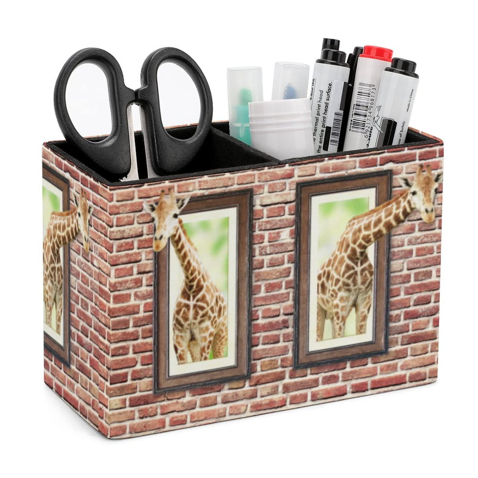 Pencil Holder for Desk, Curious Cute Giraffes Pen Holder Storage Desktop Pen Organizer Desk Pencil Organizer Makeup Brush Holder for Office School College Leather โ image 1